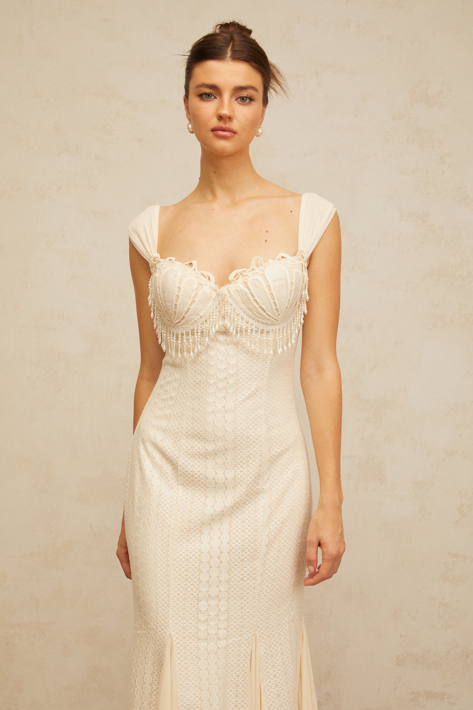 Calliopée cream-white embellished flared maxi dress