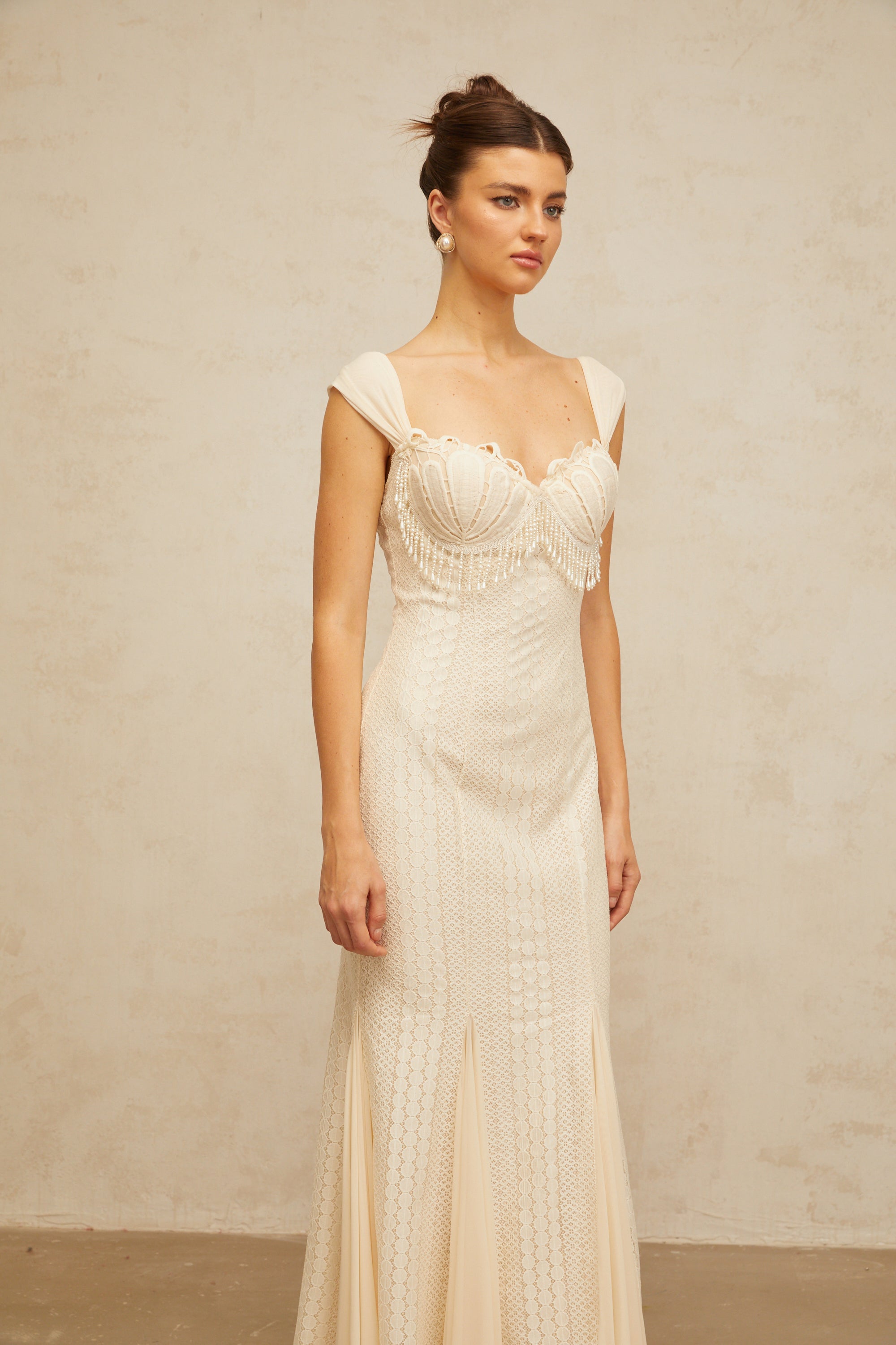 Calliopée cream-white embellished flared maxi dress