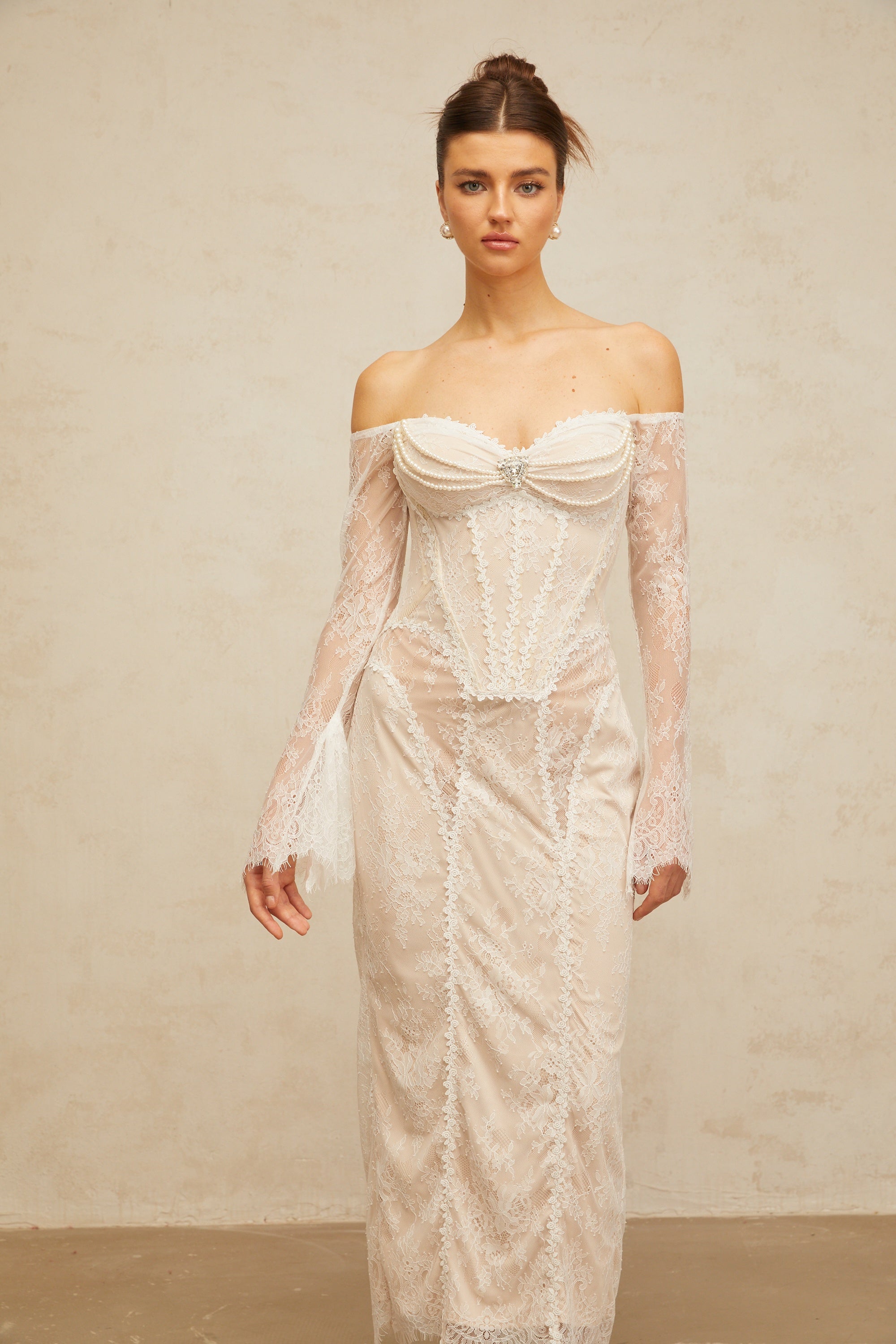 Énora white embellished floral-lace midi dress