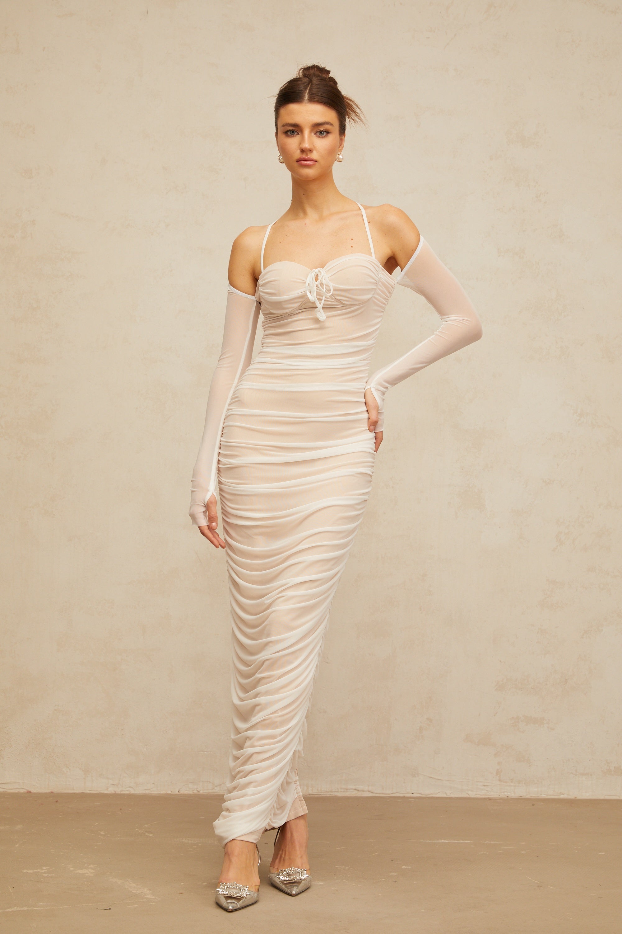 Ulysse white ruched bustier tulle maxi dress