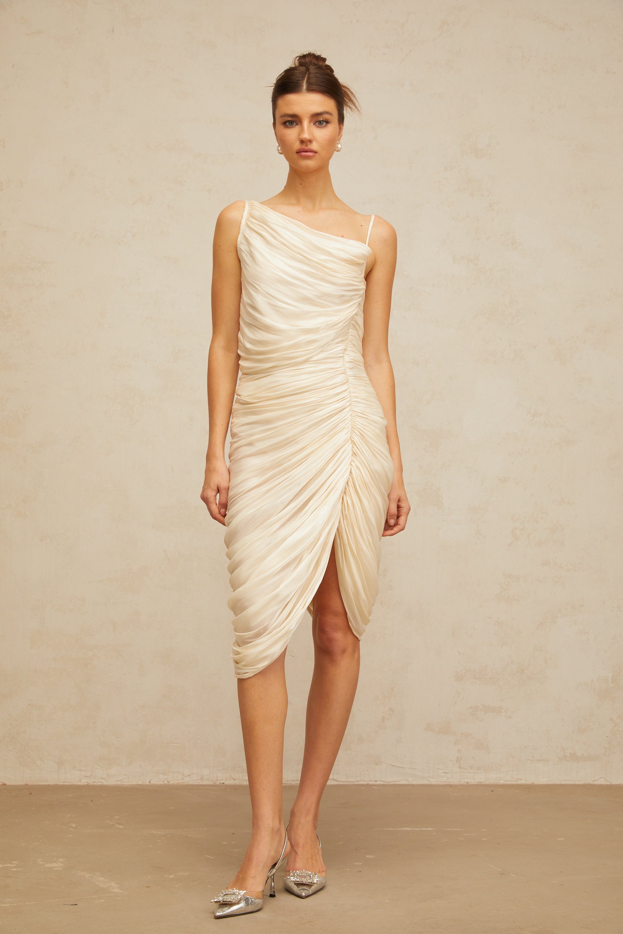 Lison glossy ruched midi dress in Light-yellow