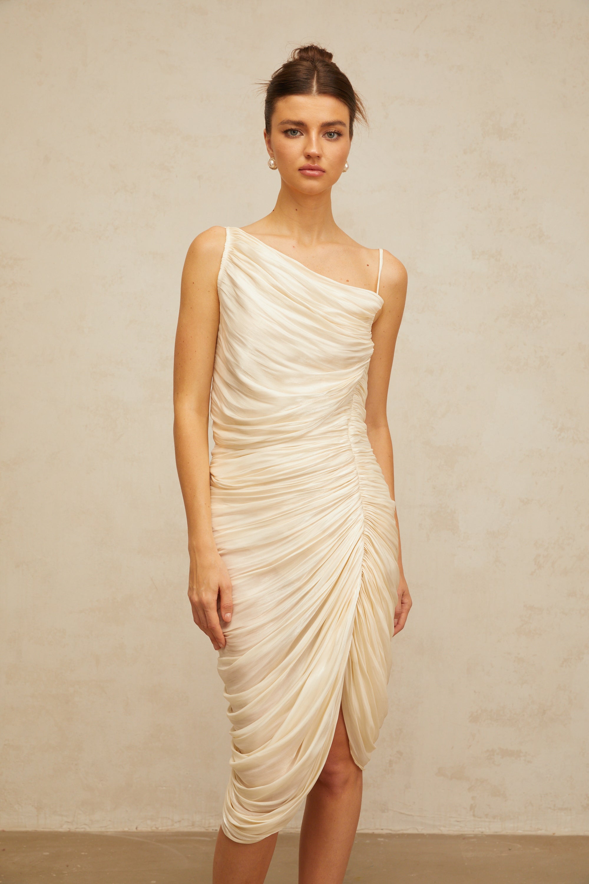 Lison glossy ruched midi dress in Light-yellow