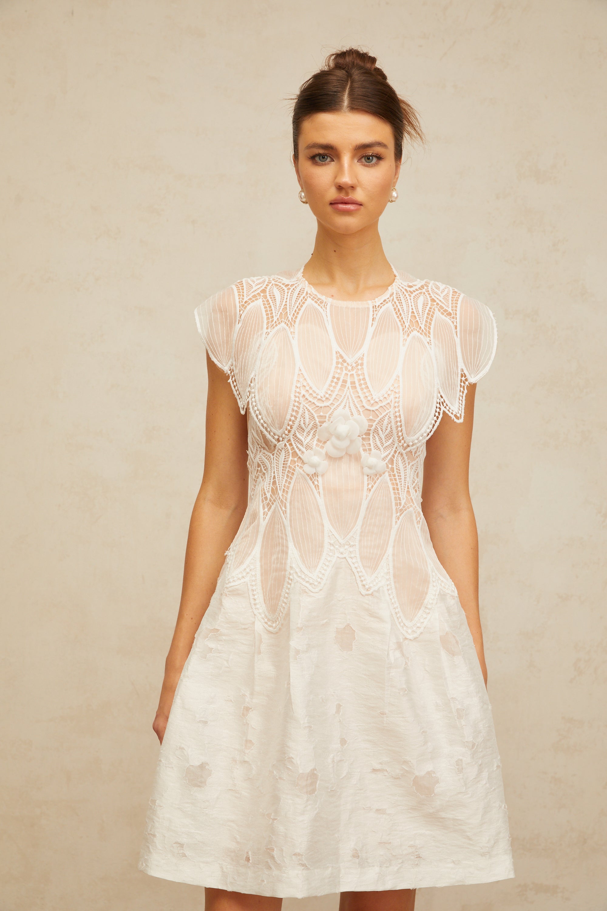 Clémence white 3D-petal corded-lace mini dress
