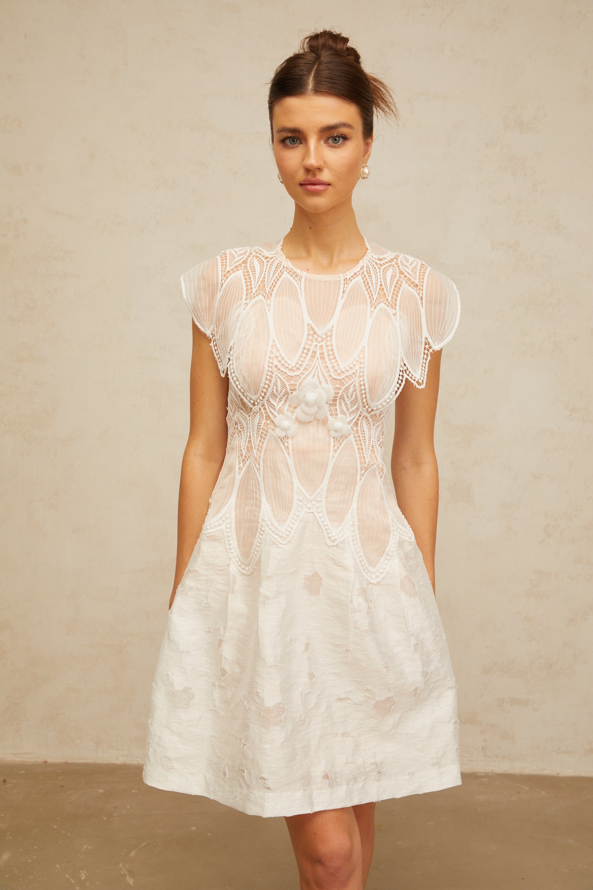 Clémence white 3D-petal corded-lace mini dress