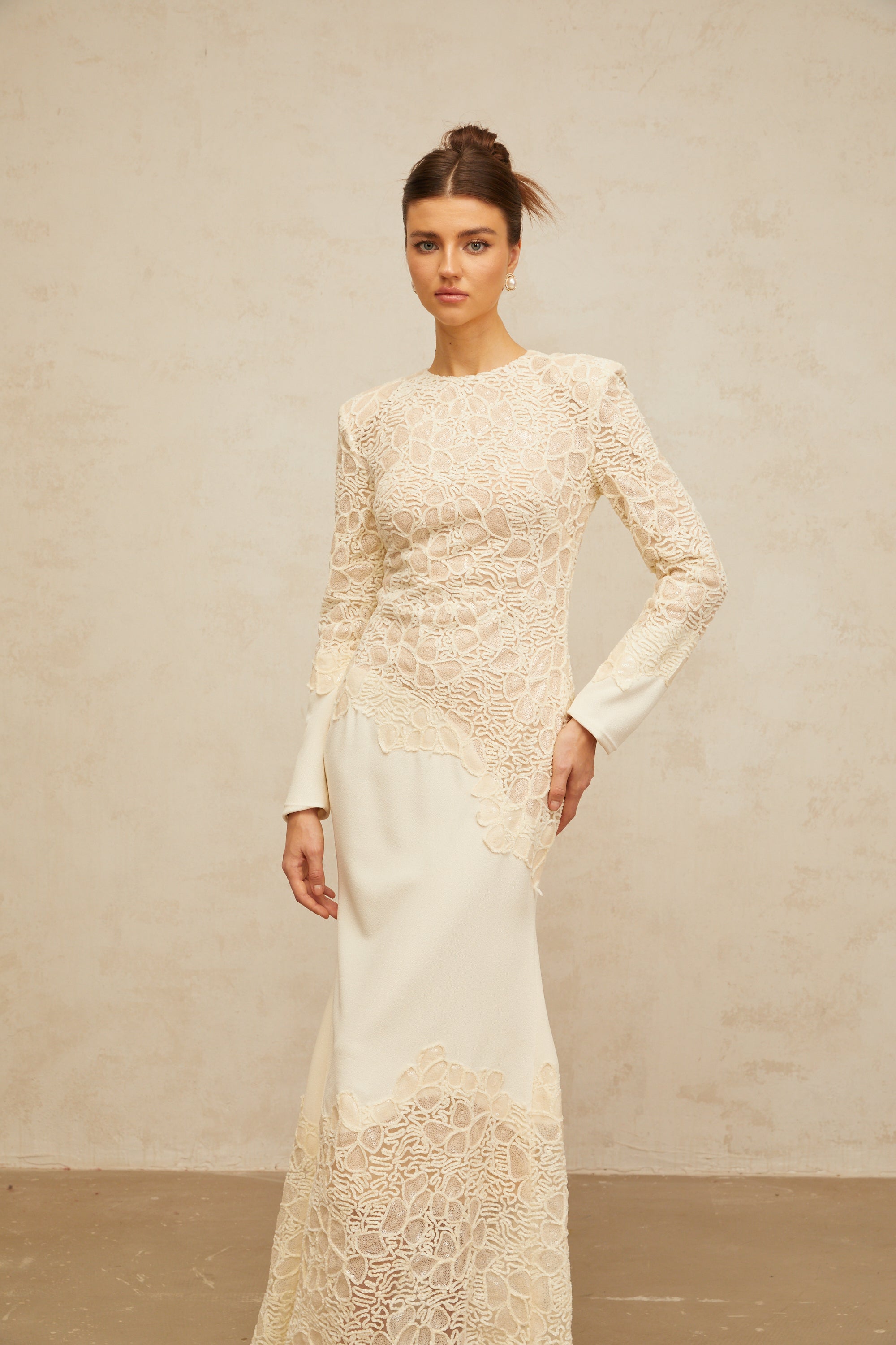 Mathilde off-white textured floral-embroidered sequined maxi dress