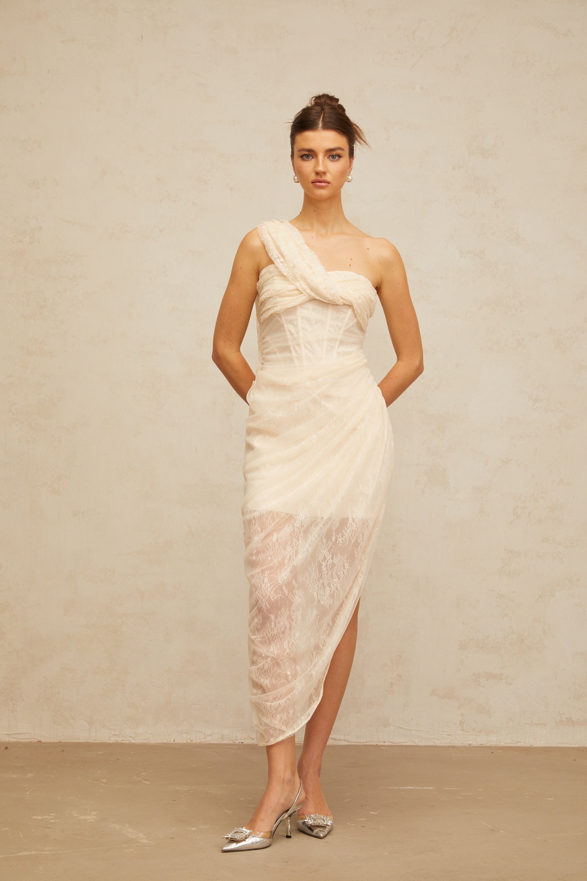 Pétunia gathered tulle-panel floral-lace midi dress