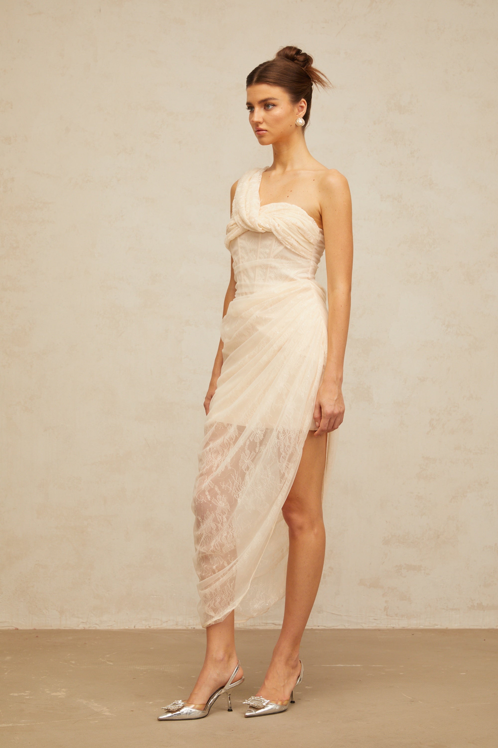 Pétunia gathered tulle-panel floral-lace midi dress