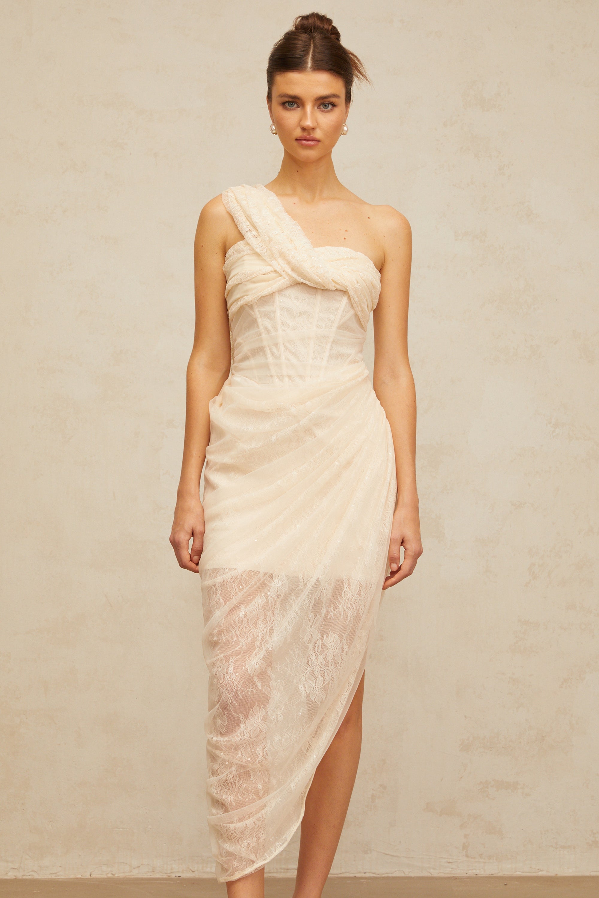Pétunia gathered tulle-panel floral-lace midi dress