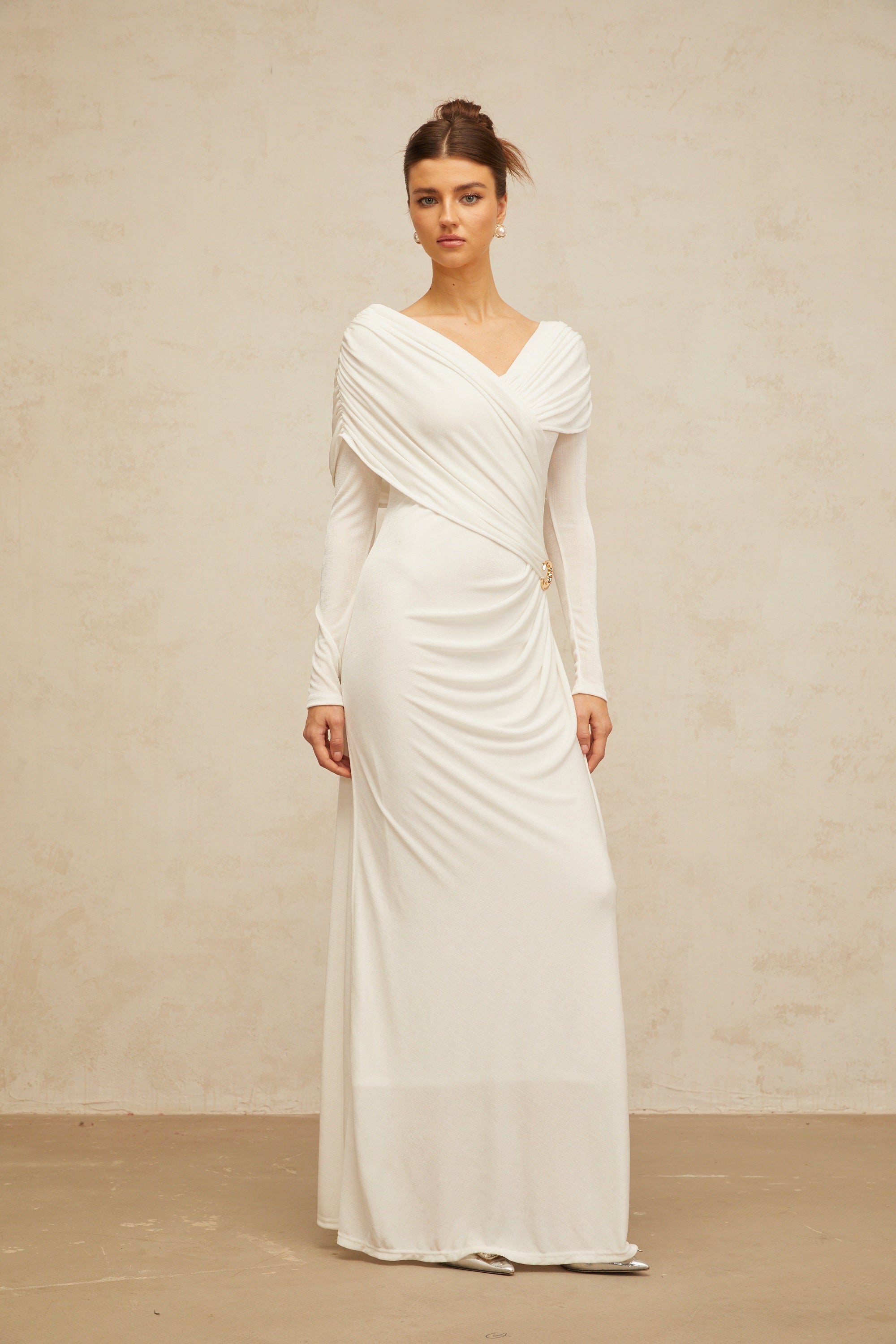 Hélène ruched fitted stretch maxi dress in White (Final Sale-US Only)