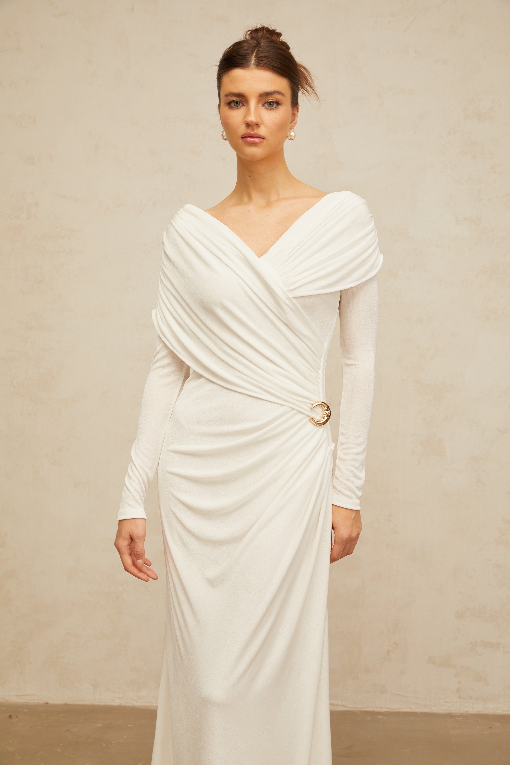 Hélène ruched fitted stretch maxi dress in White (Final Sale-US Only)