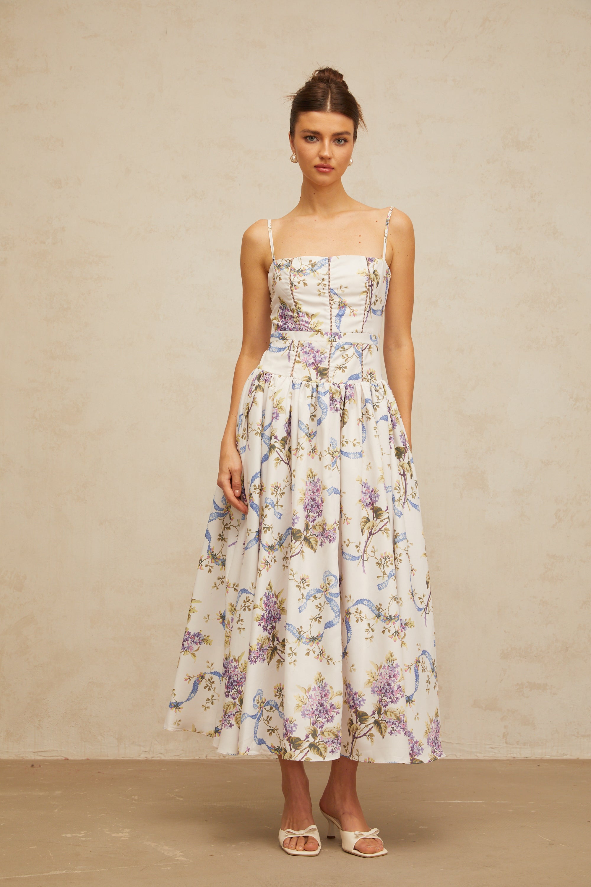 Fleur white floral-print midi dress