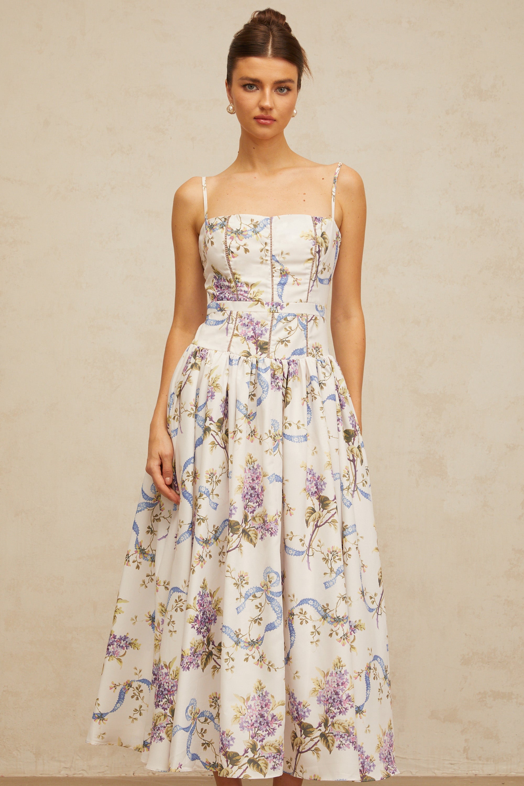 Fleur white floral-print midi dress