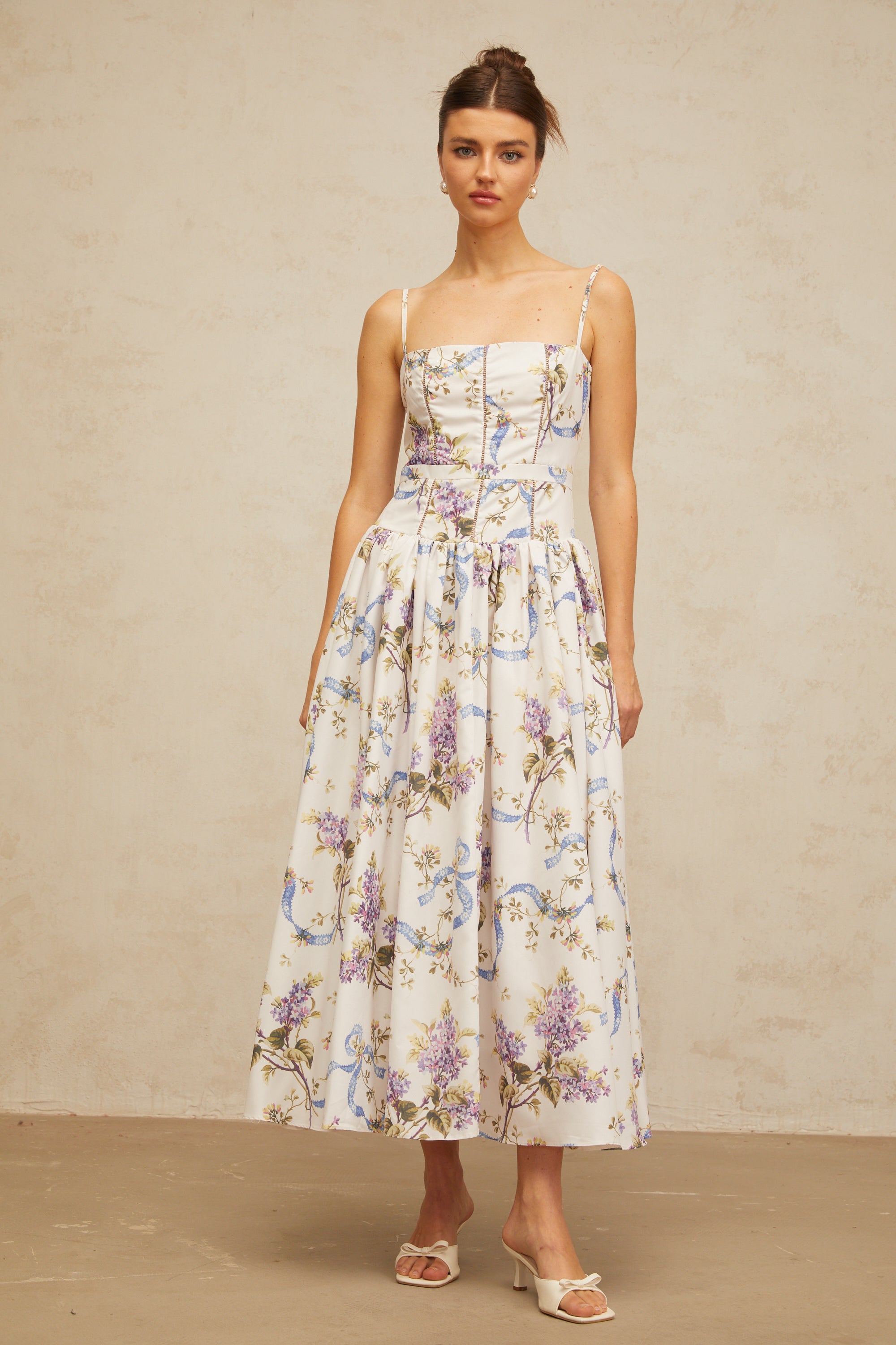 Fleur white floral-print midi dress