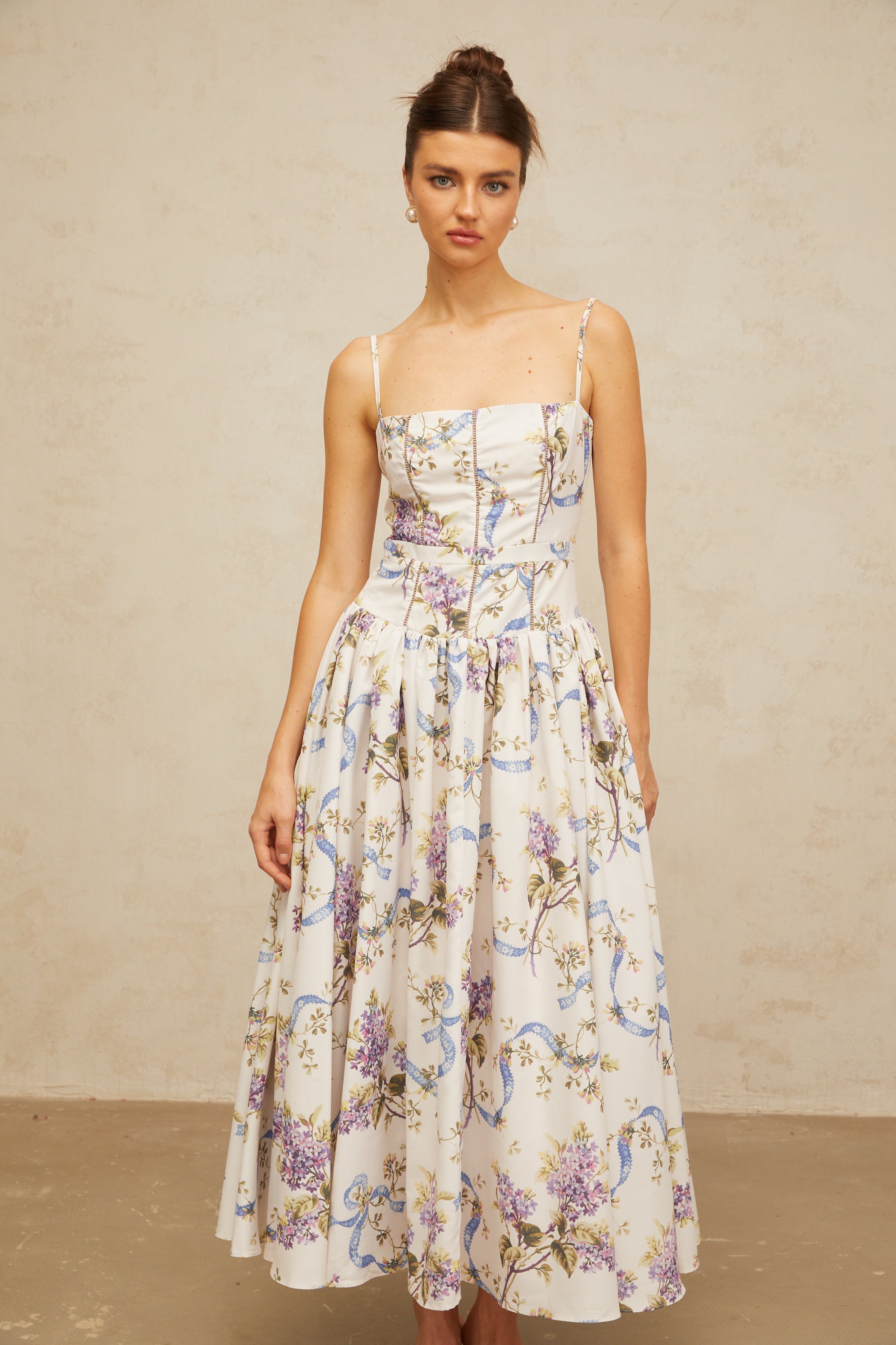 Fleur white floral-print midi dress