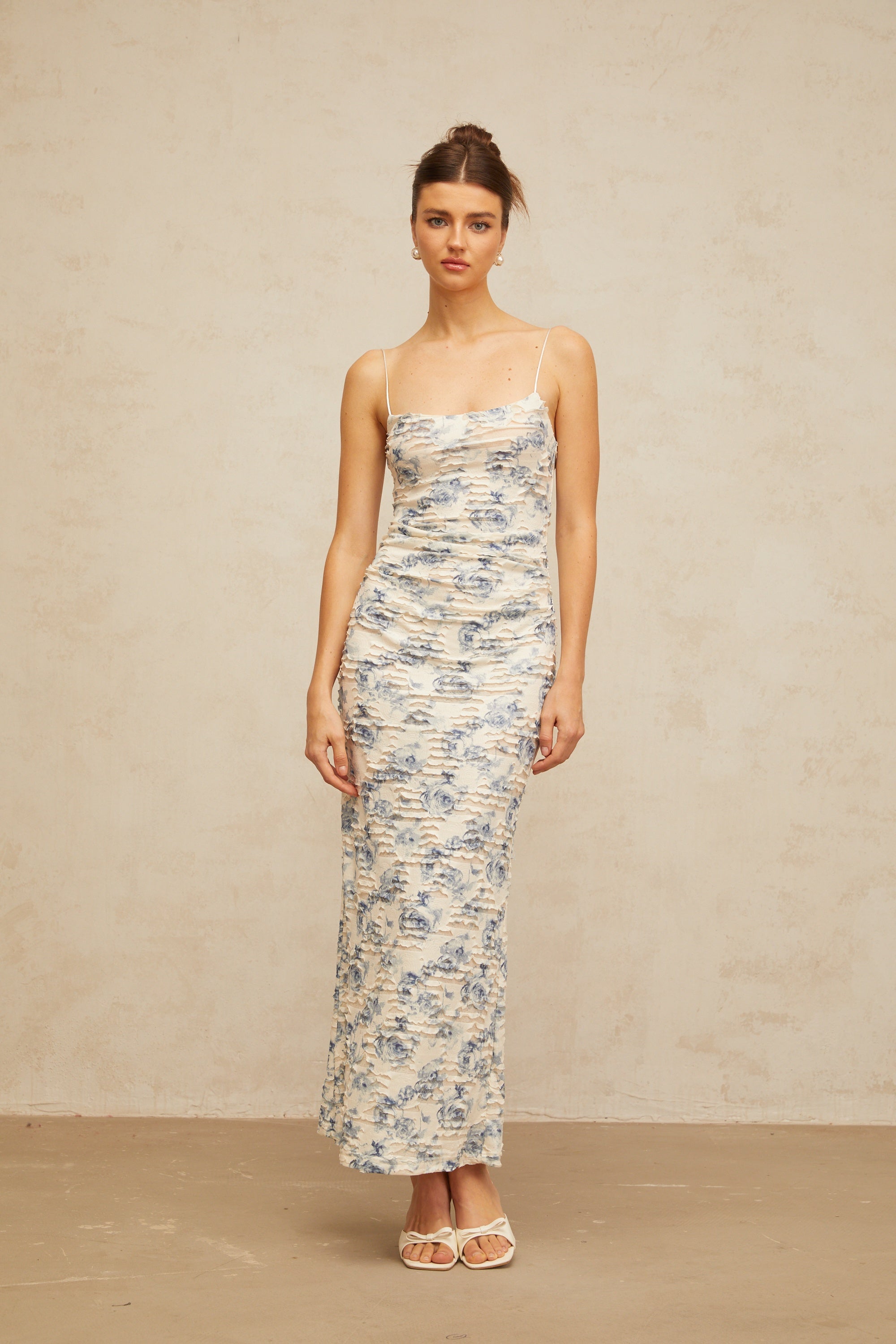 Amaryllis blue textured floral-print maxi dress