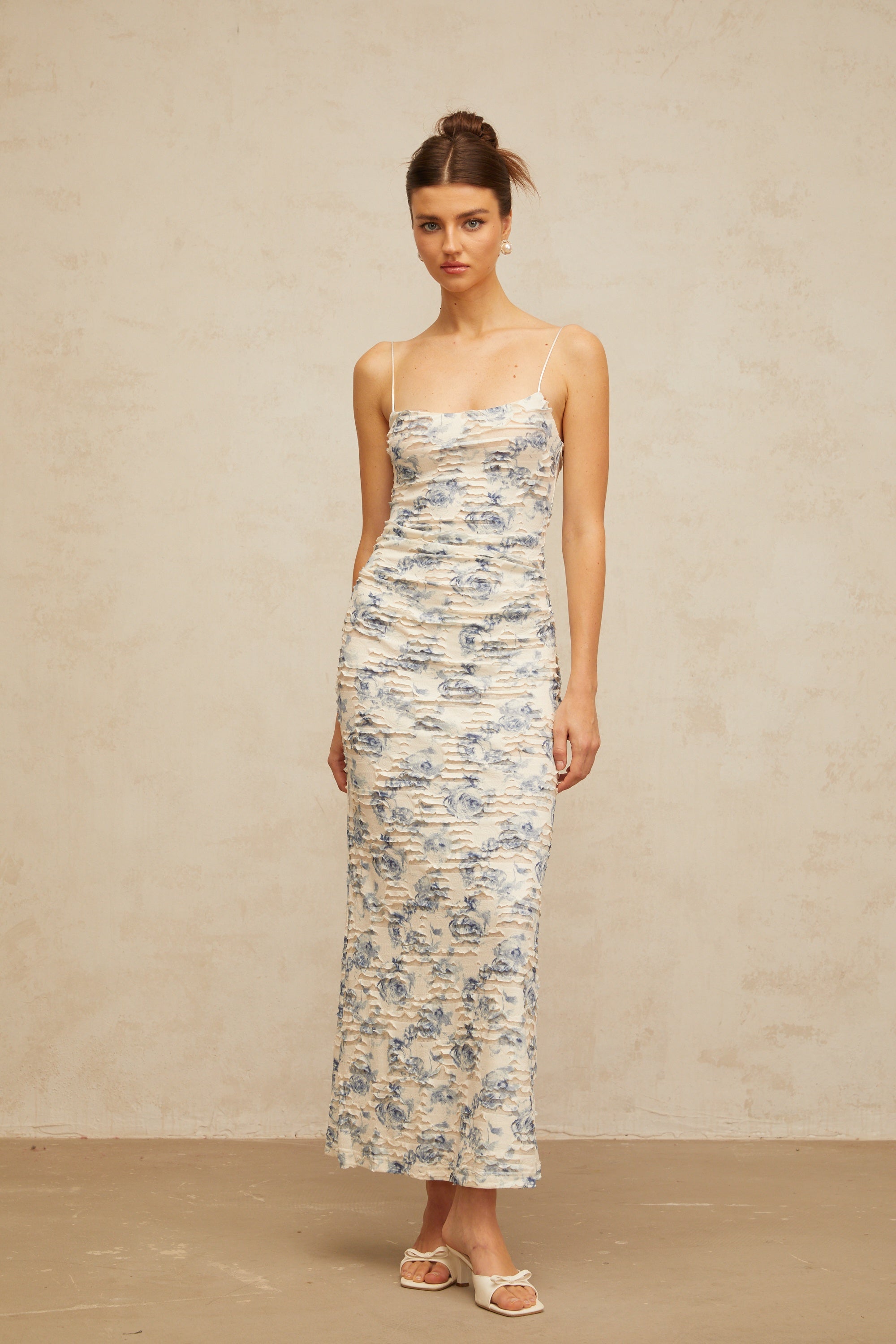 Amaryllis blue textured floral-print maxi dress