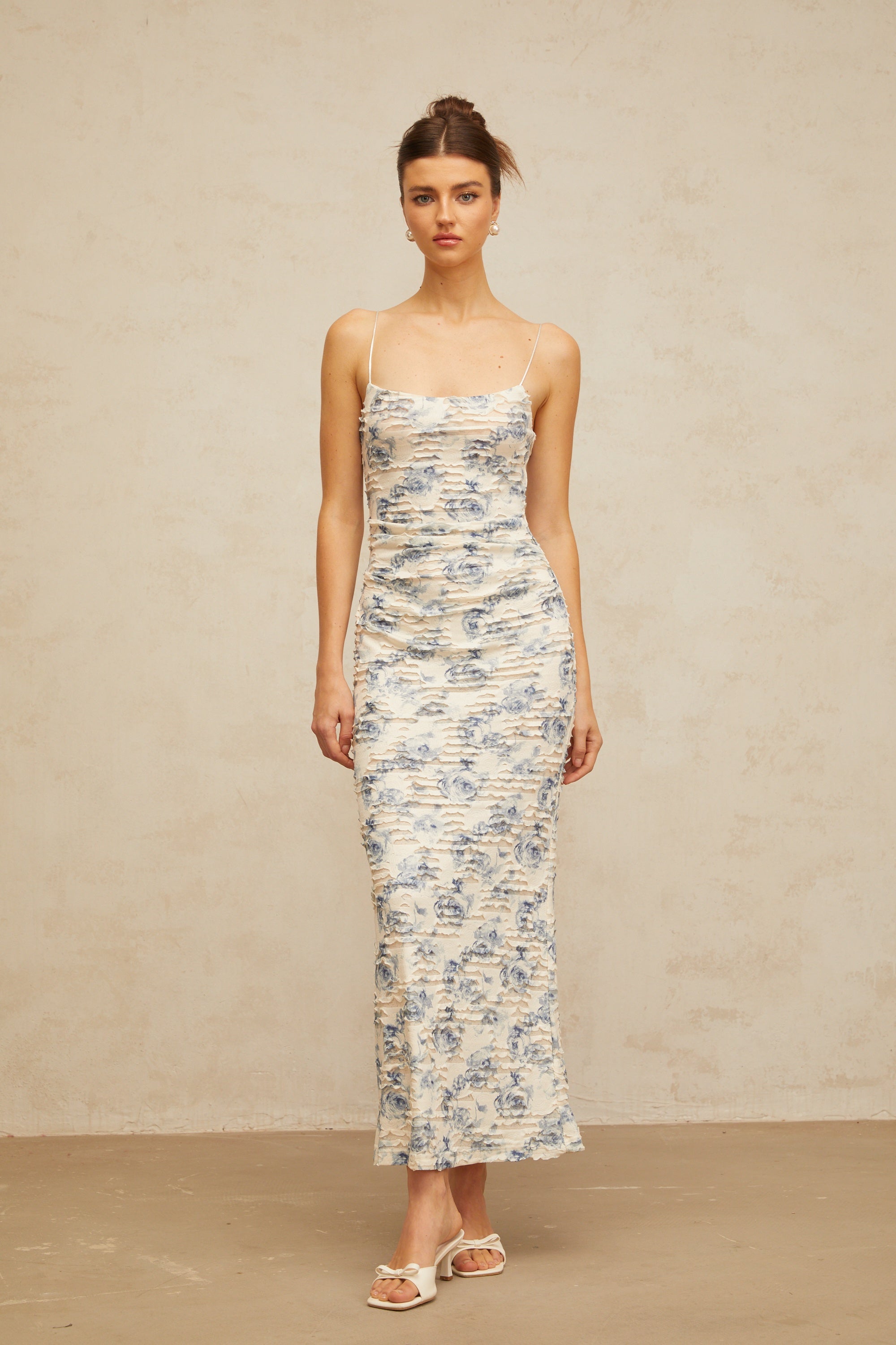 Amaryllis blue textured floral-print maxi dress