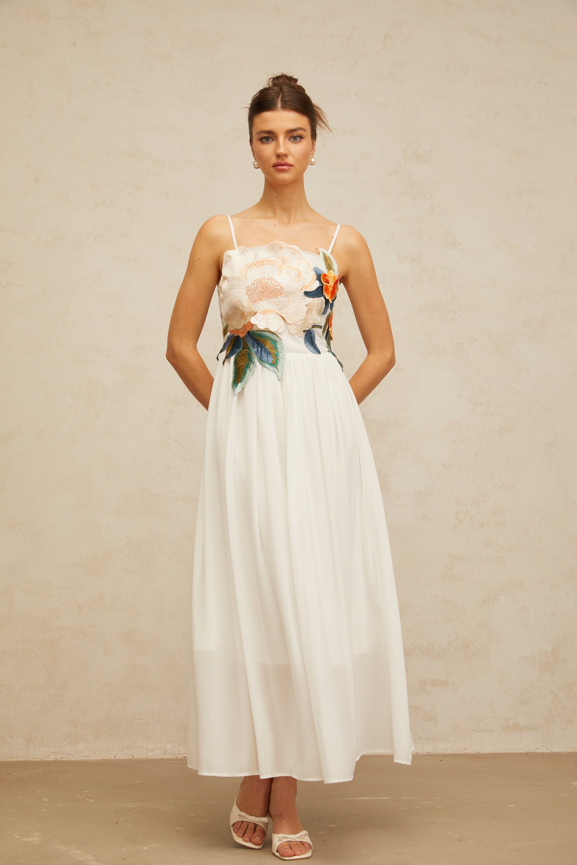 Josette floral-embroidered shirred maxi dress in White