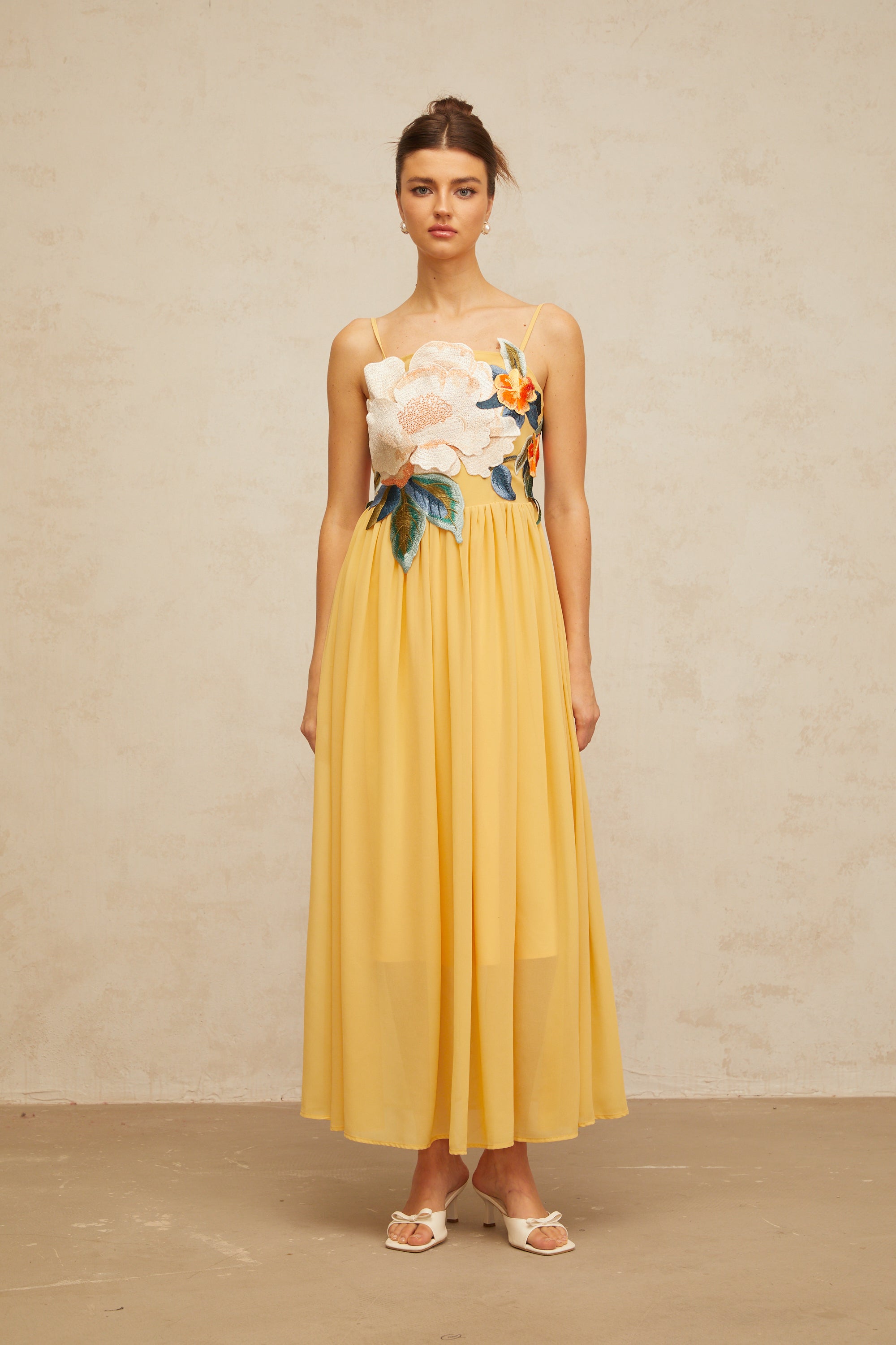 Josette floral-embroidered shirred maxi dress in Yellow
