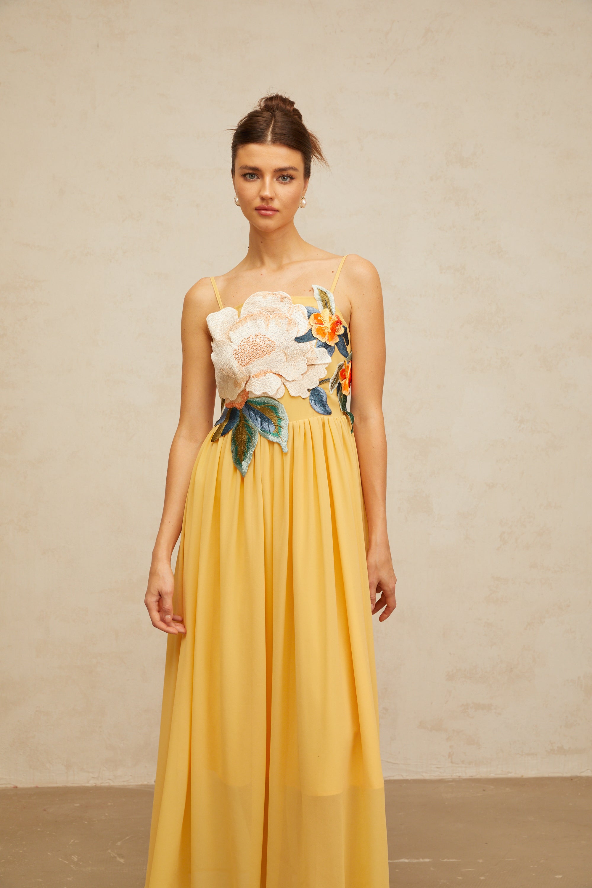 Josette floral-embroidered shirred maxi dress in Yellow