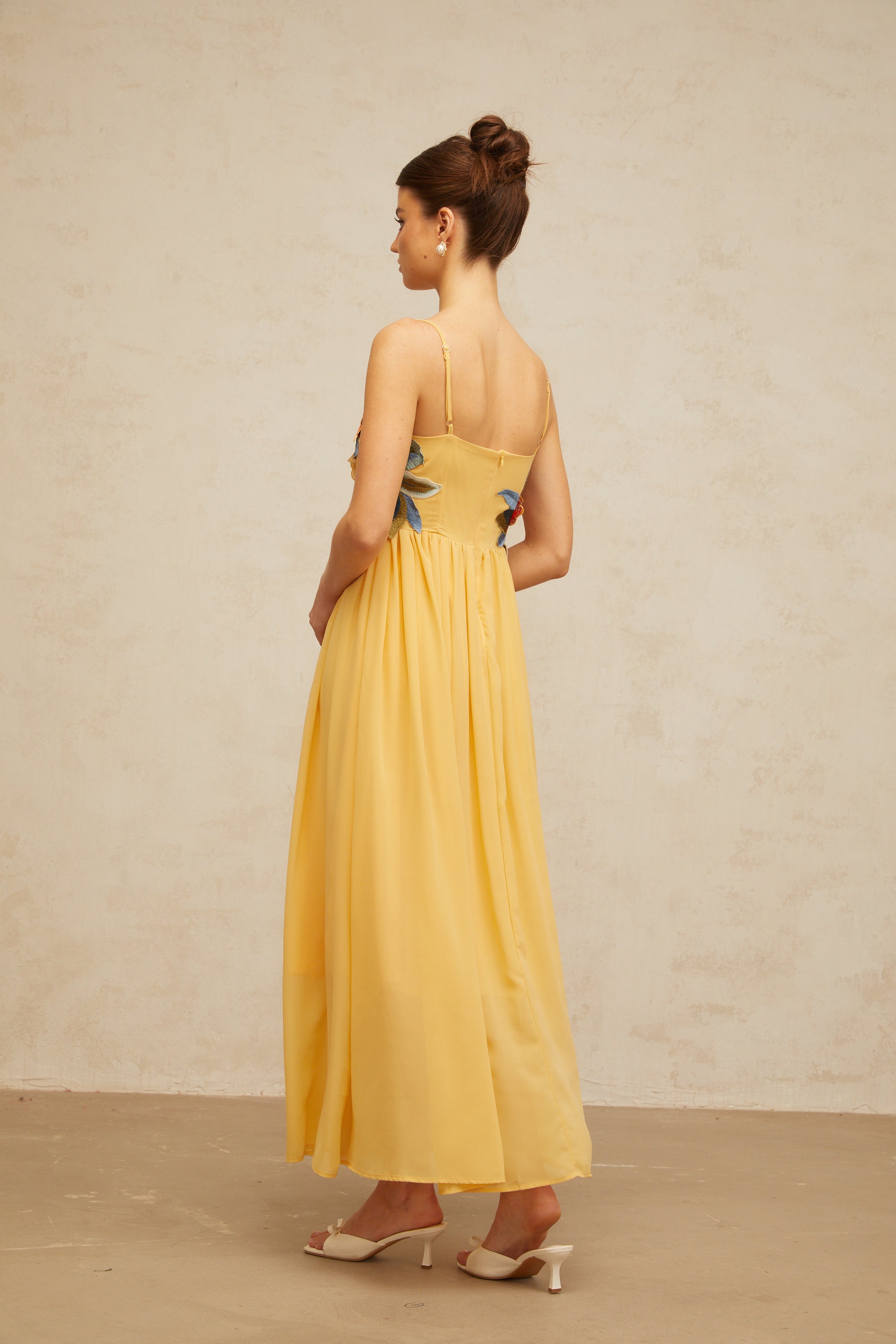 Josette floral-embroidered shirred maxi dress in Yellow
