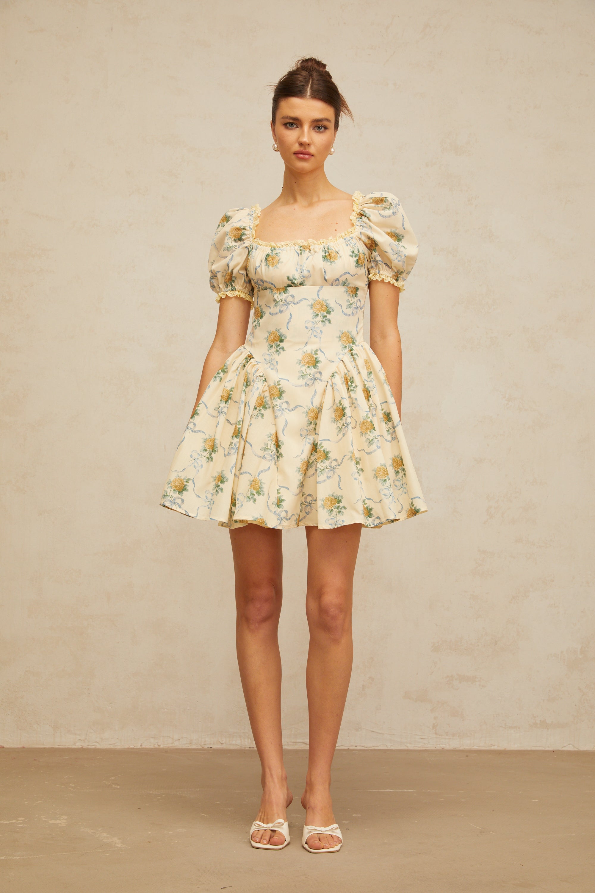 Tiphaine yellow floral-print shirred mini dress