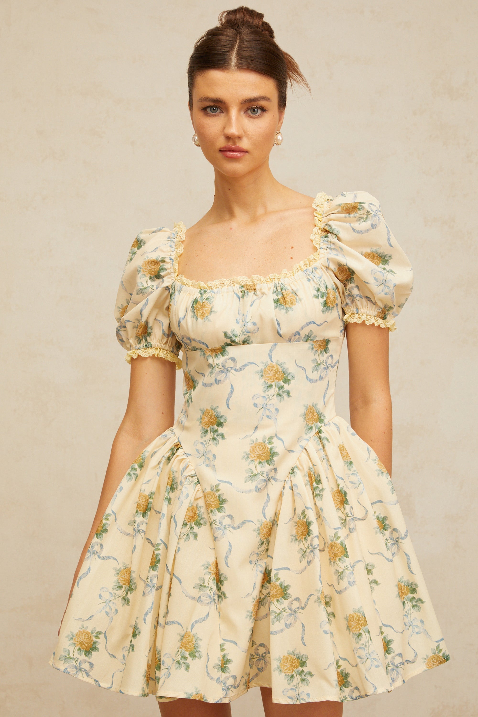 Tiphaine yellow floral-print shirred mini dress