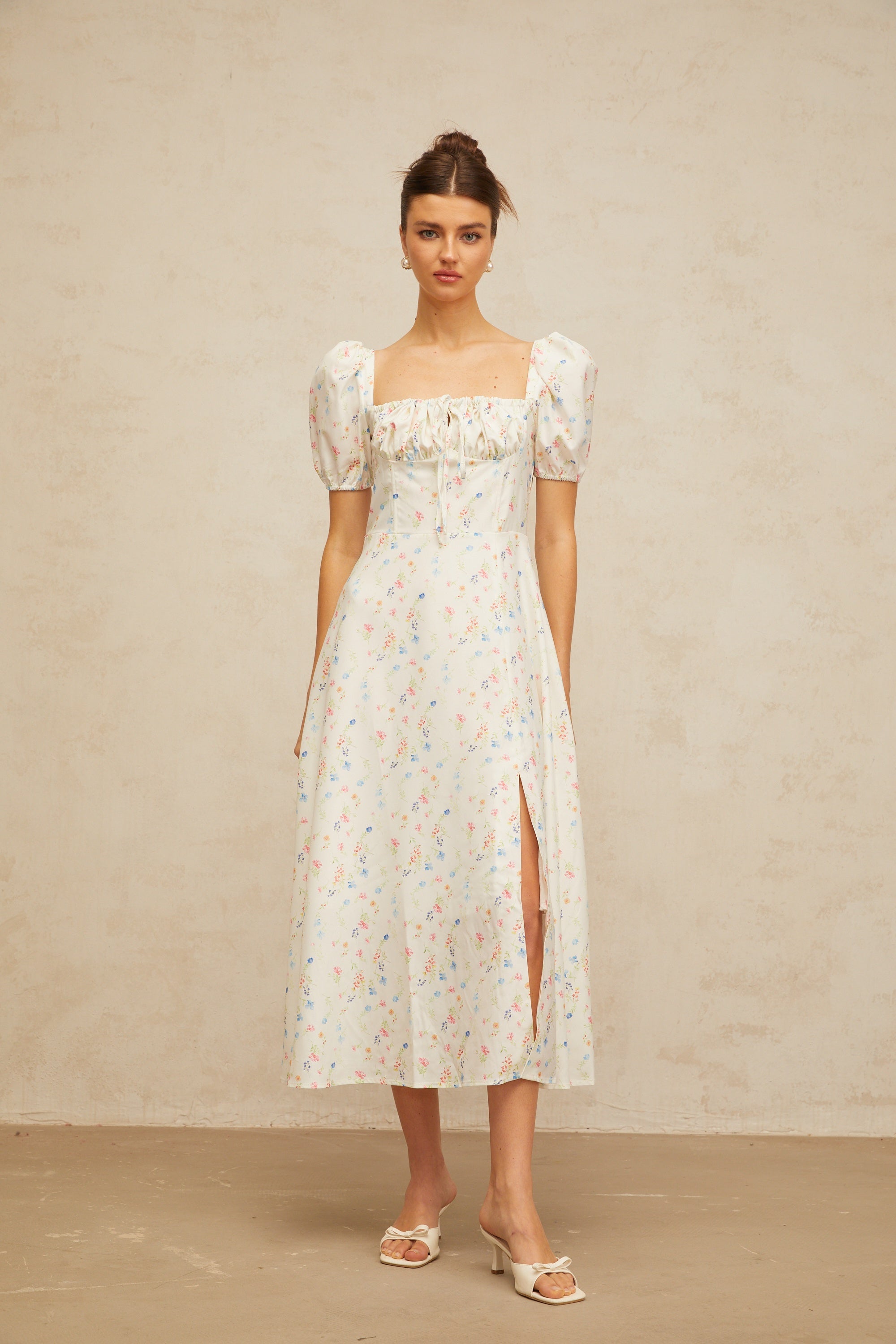 Eva white floral-print flared midi dress