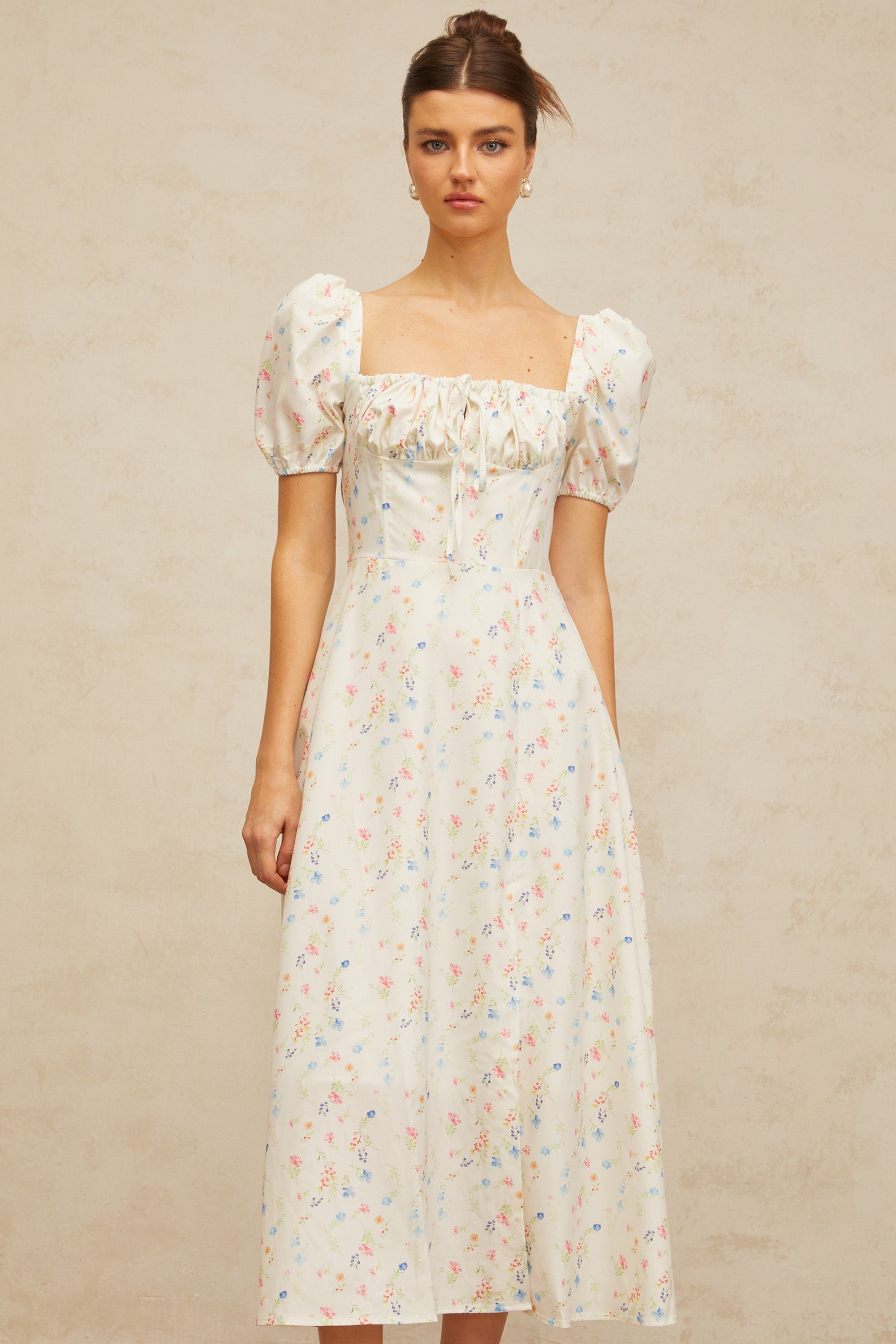 Eva white floral-print flared midi dress