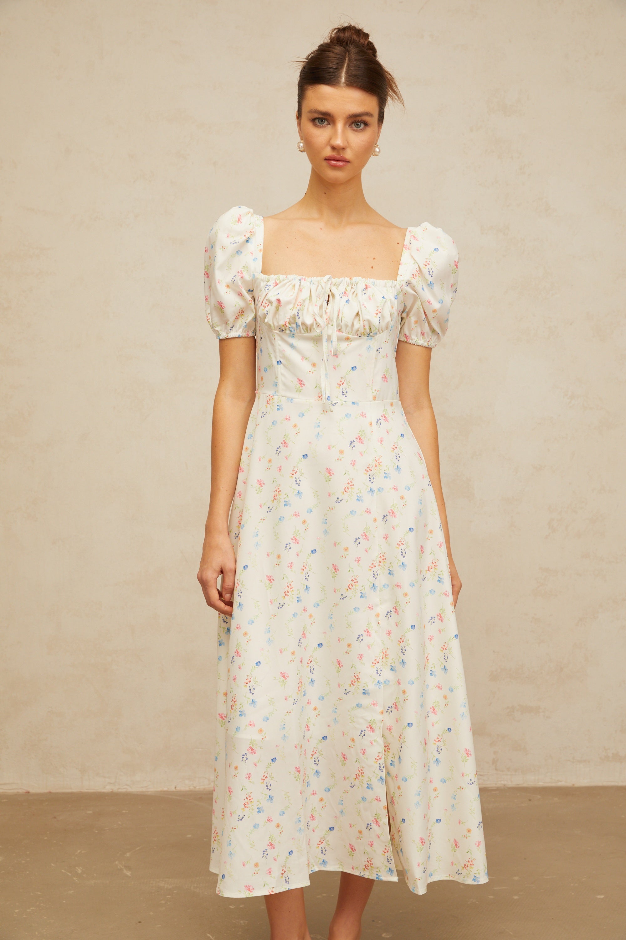 Eva white floral-print flared midi dress