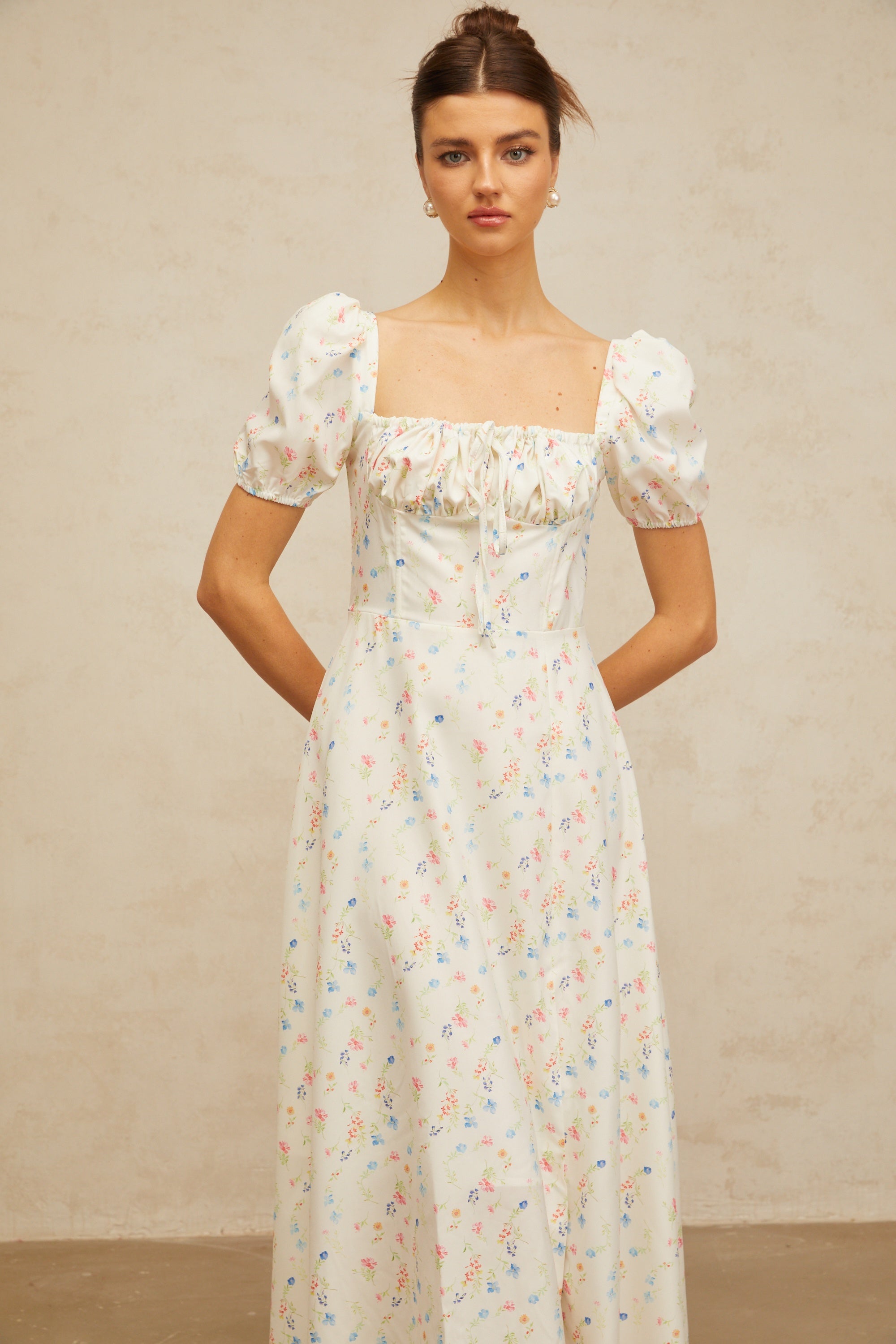Eva white floral-print flared midi dress