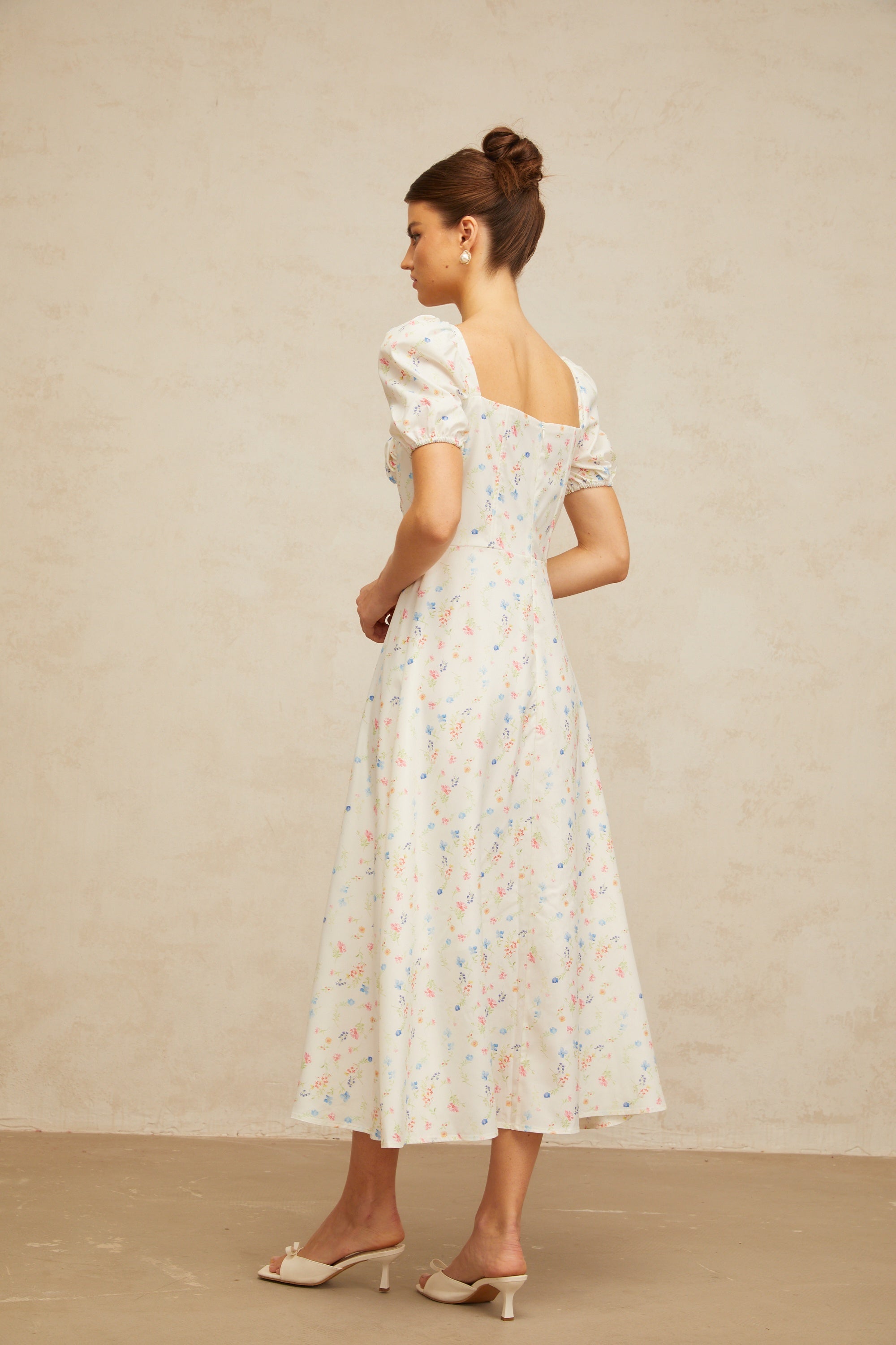 Eva white floral-print flared midi dress