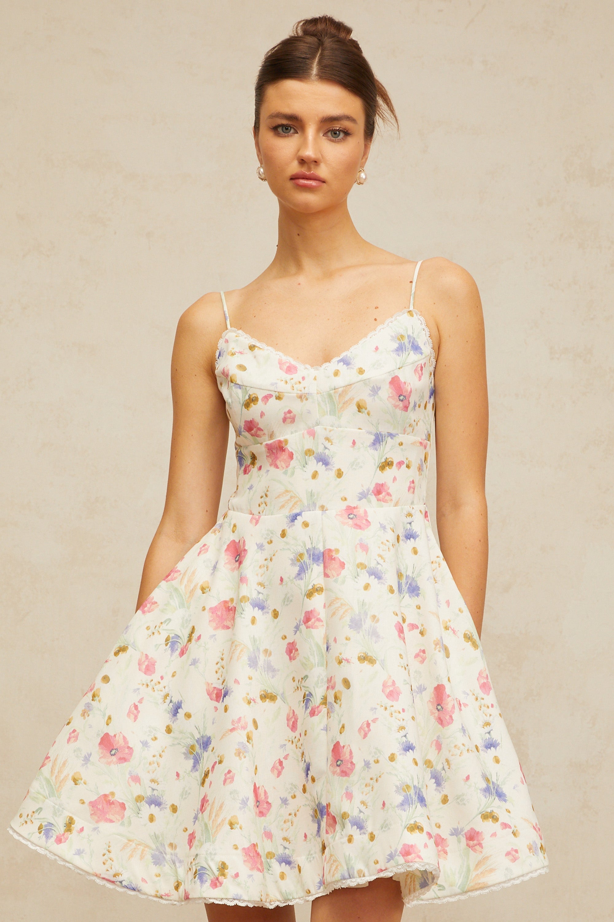 Avril floral-print flounced mini dress in White (Final Sale)