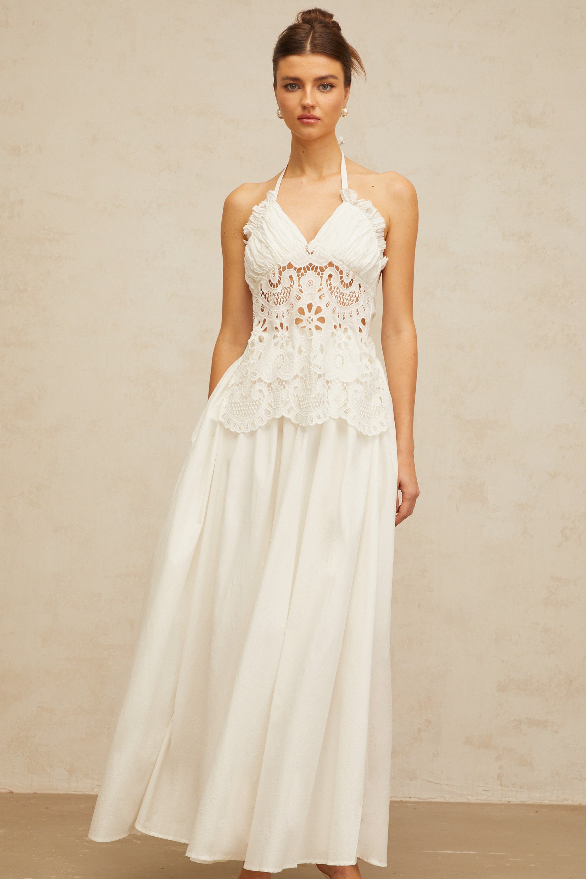 Bérénice white cut-out floral-embroidered shirred maxi dress