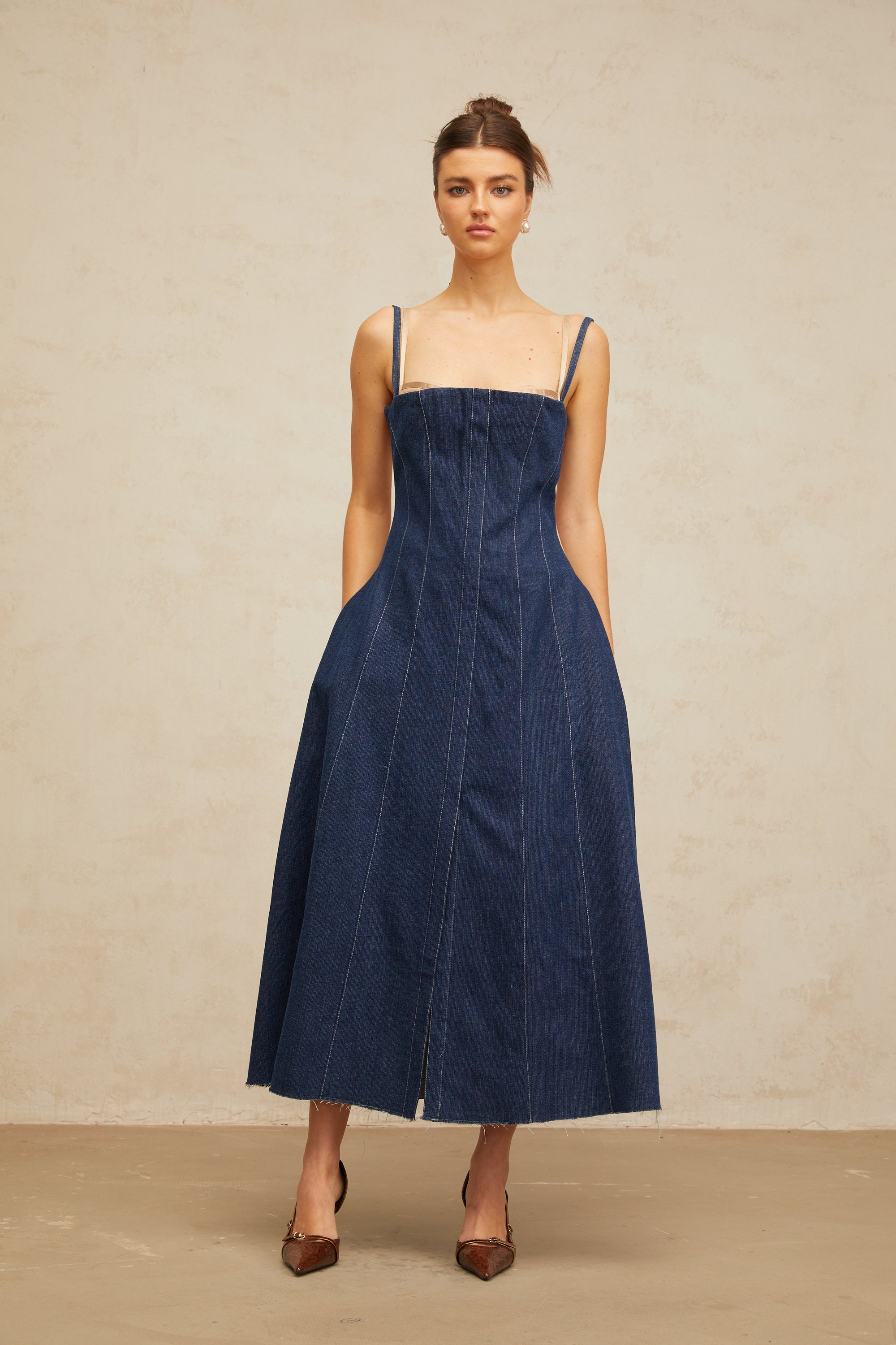 Uralie indigo-blue panelled denim midi dress