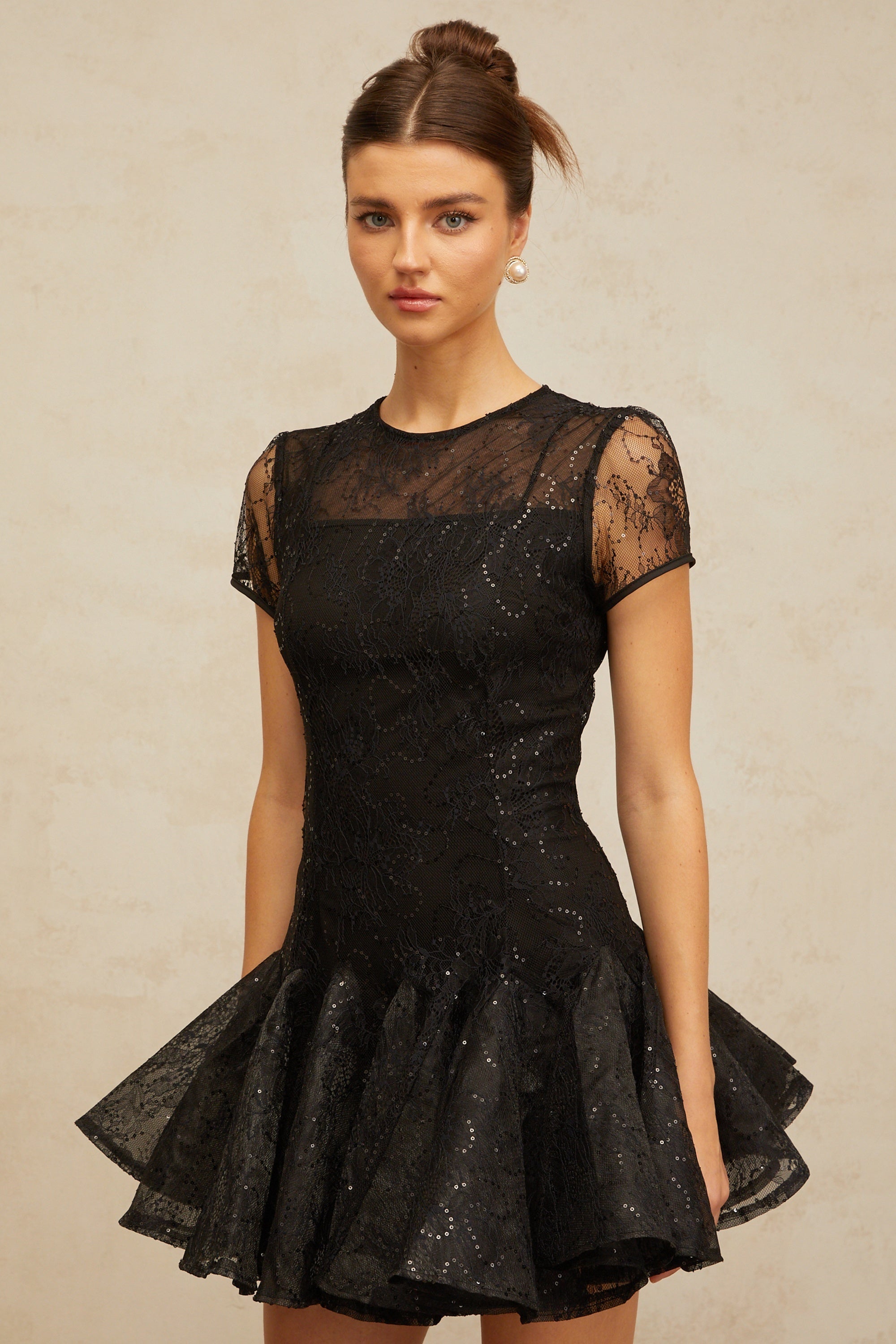 Lara black sequin-embellished flared mini dress
