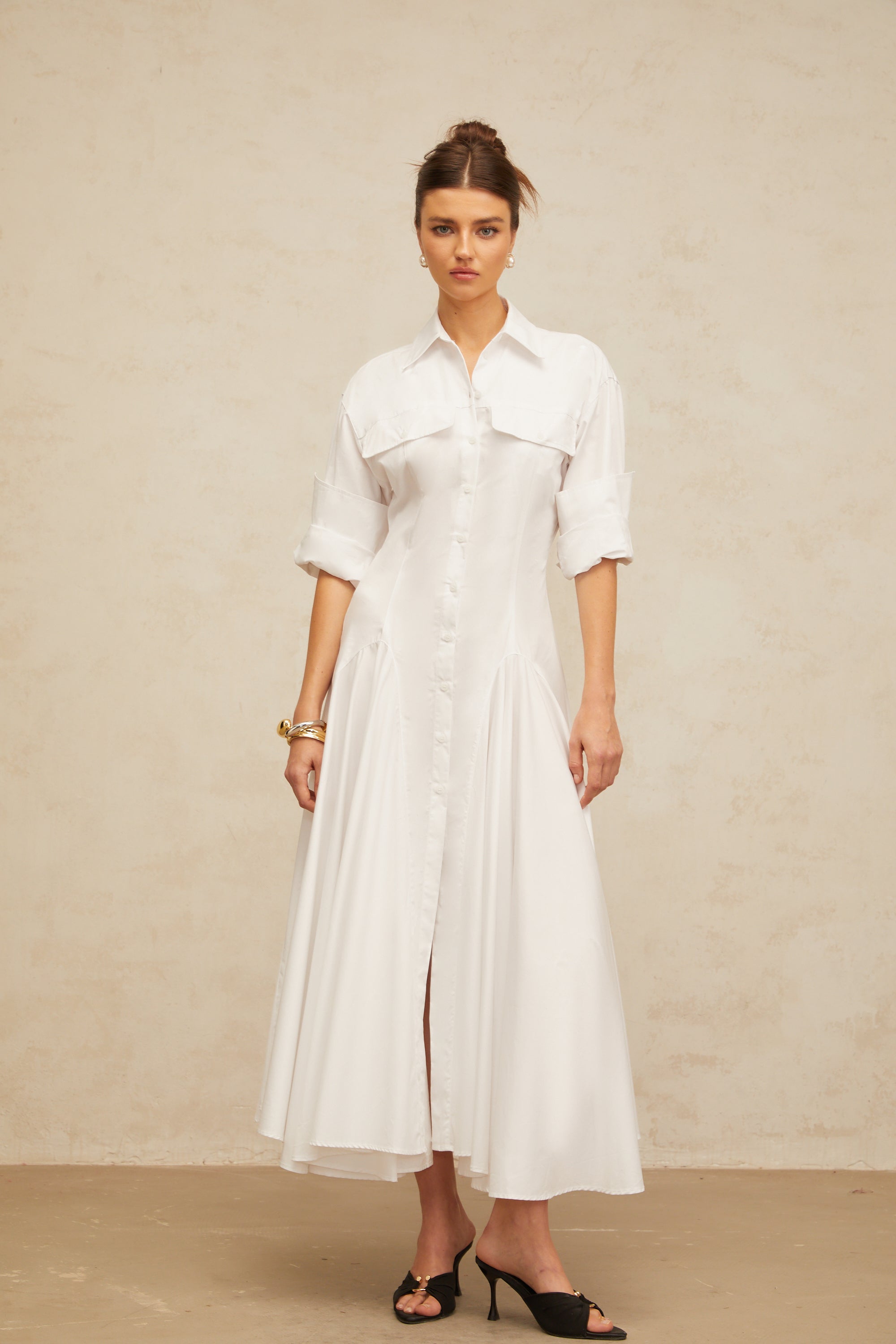 Dulcie white front-slit shirred shirt dress (Final Sale-US Only)