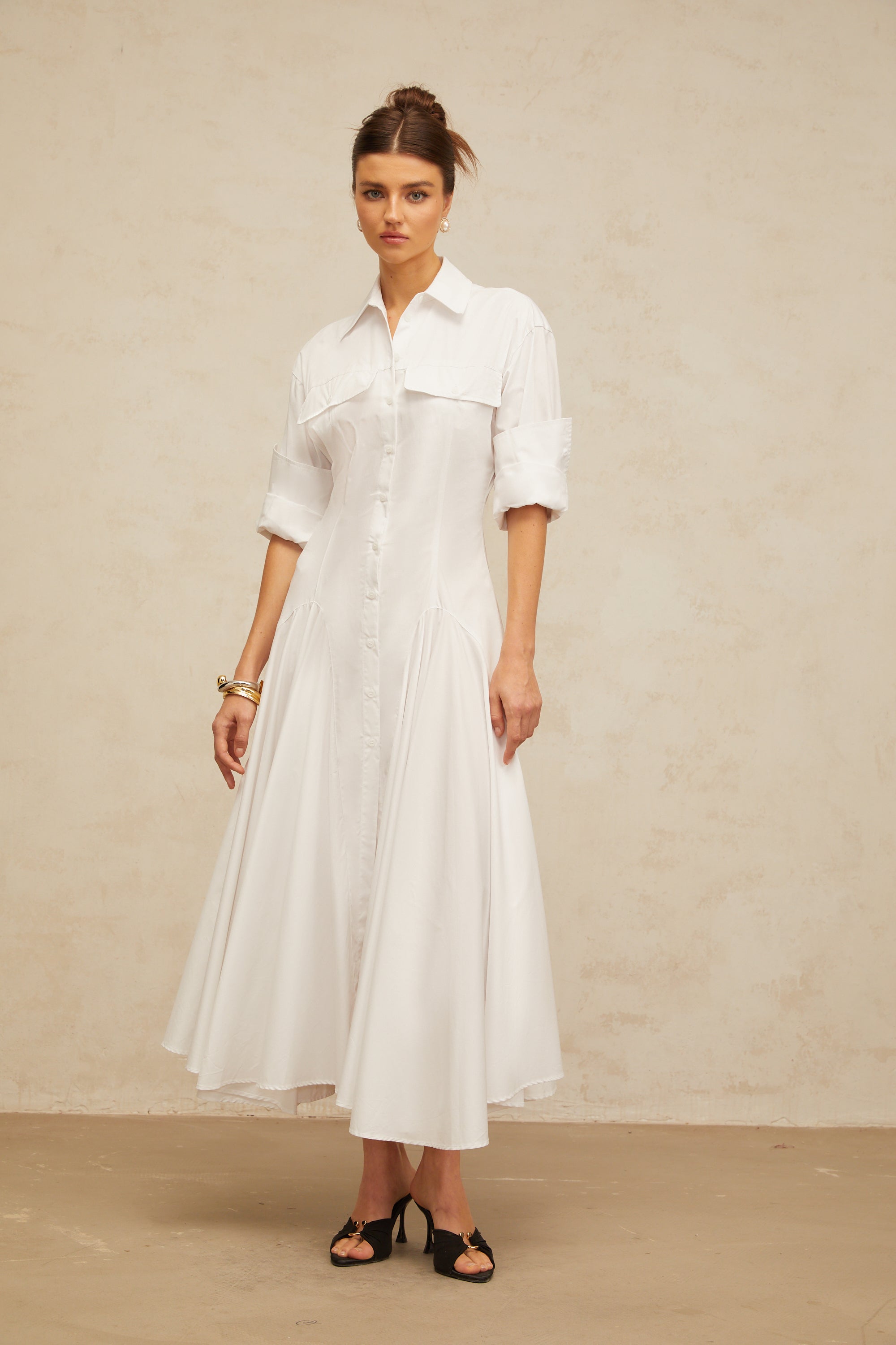 Dulcie white front-slit shirred shirt dress (Final Sale-US Only)