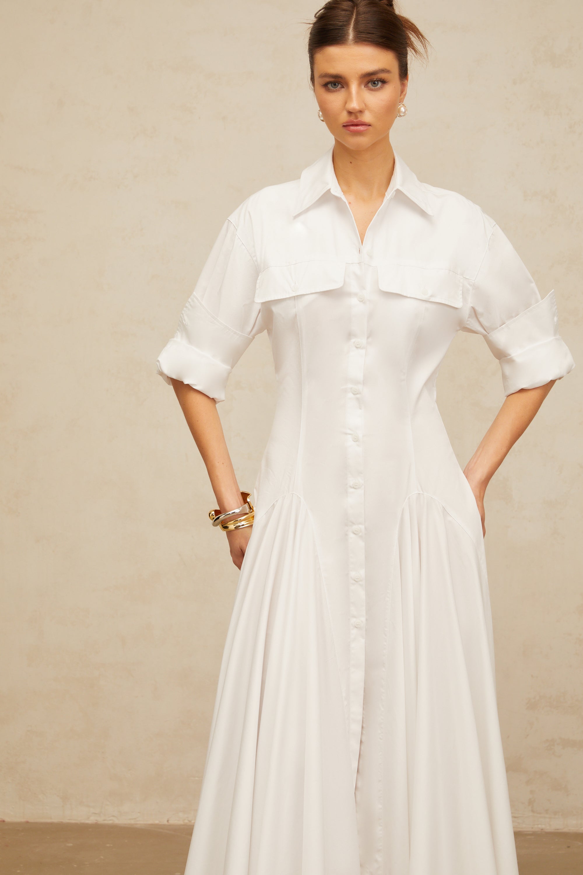 Dulcie white front-slit shirred shirt dress (Final Sale-US Only)
