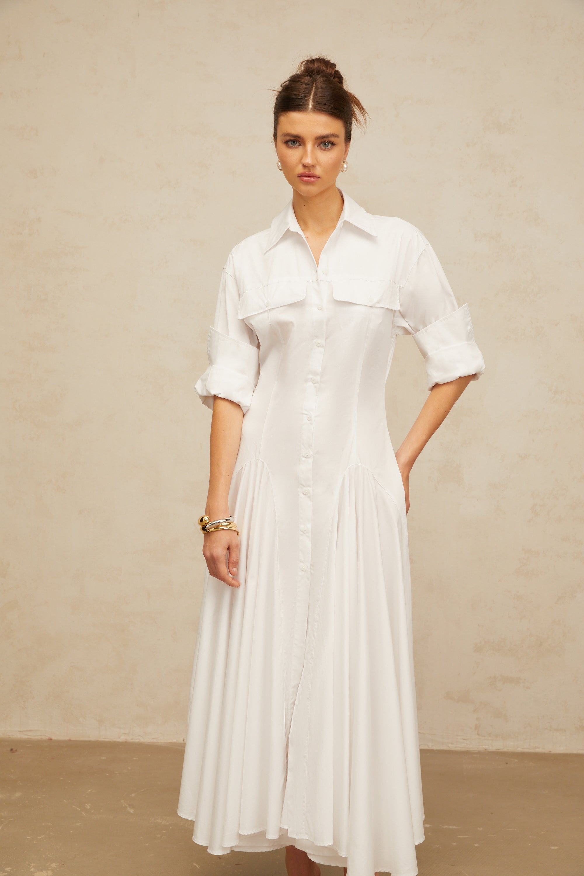 Dulcie white front-slit shirred shirt dress (Final Sale-US Only)