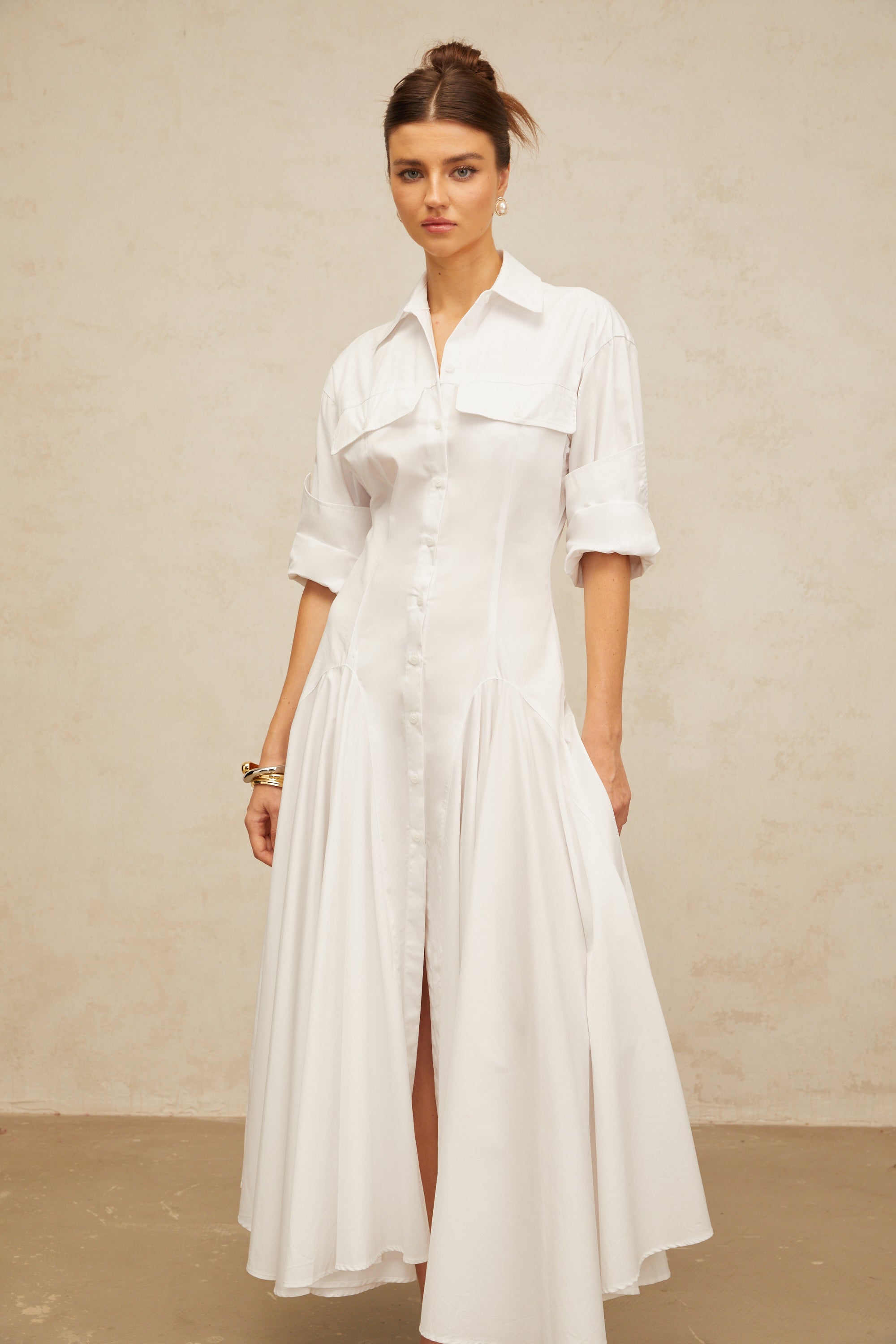 Dulcie white front-slit shirred shirt dress (Final Sale-US Only)
