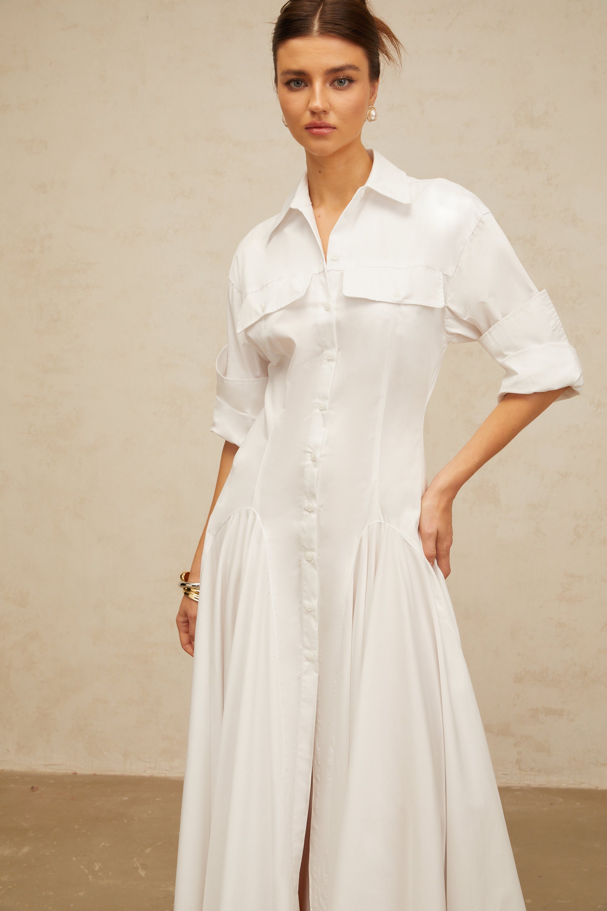 Dulcie white front-slit shirred shirt dress (Final Sale-US Only)