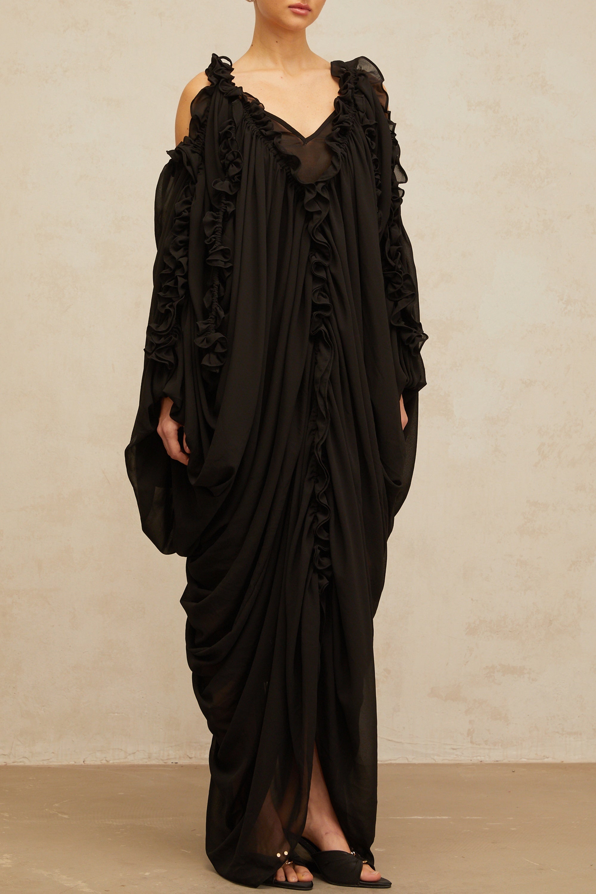Aglaé black ruffled-trim tulle maxi dress