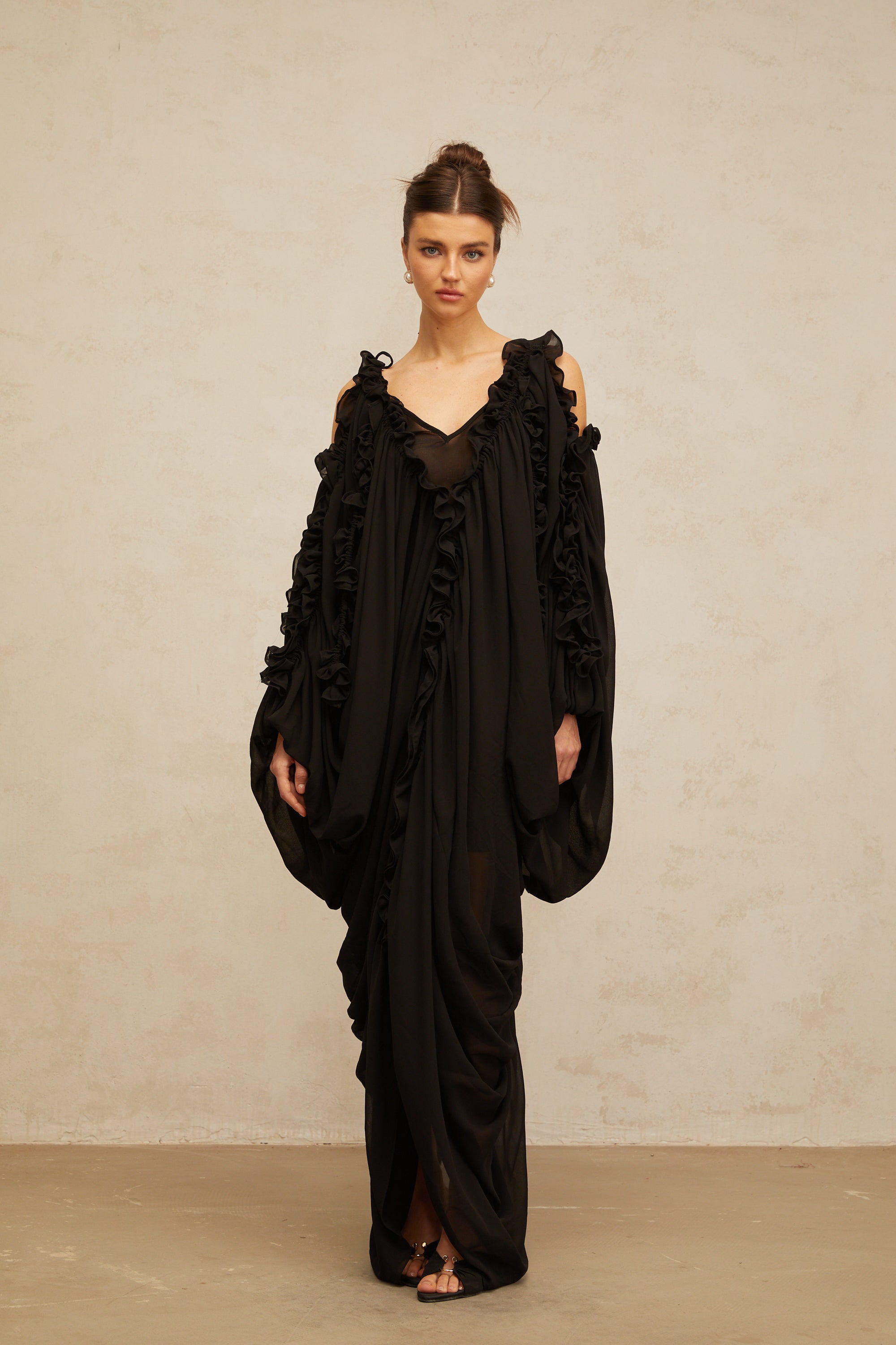 Aglaé black ruffled-trim tulle maxi dress