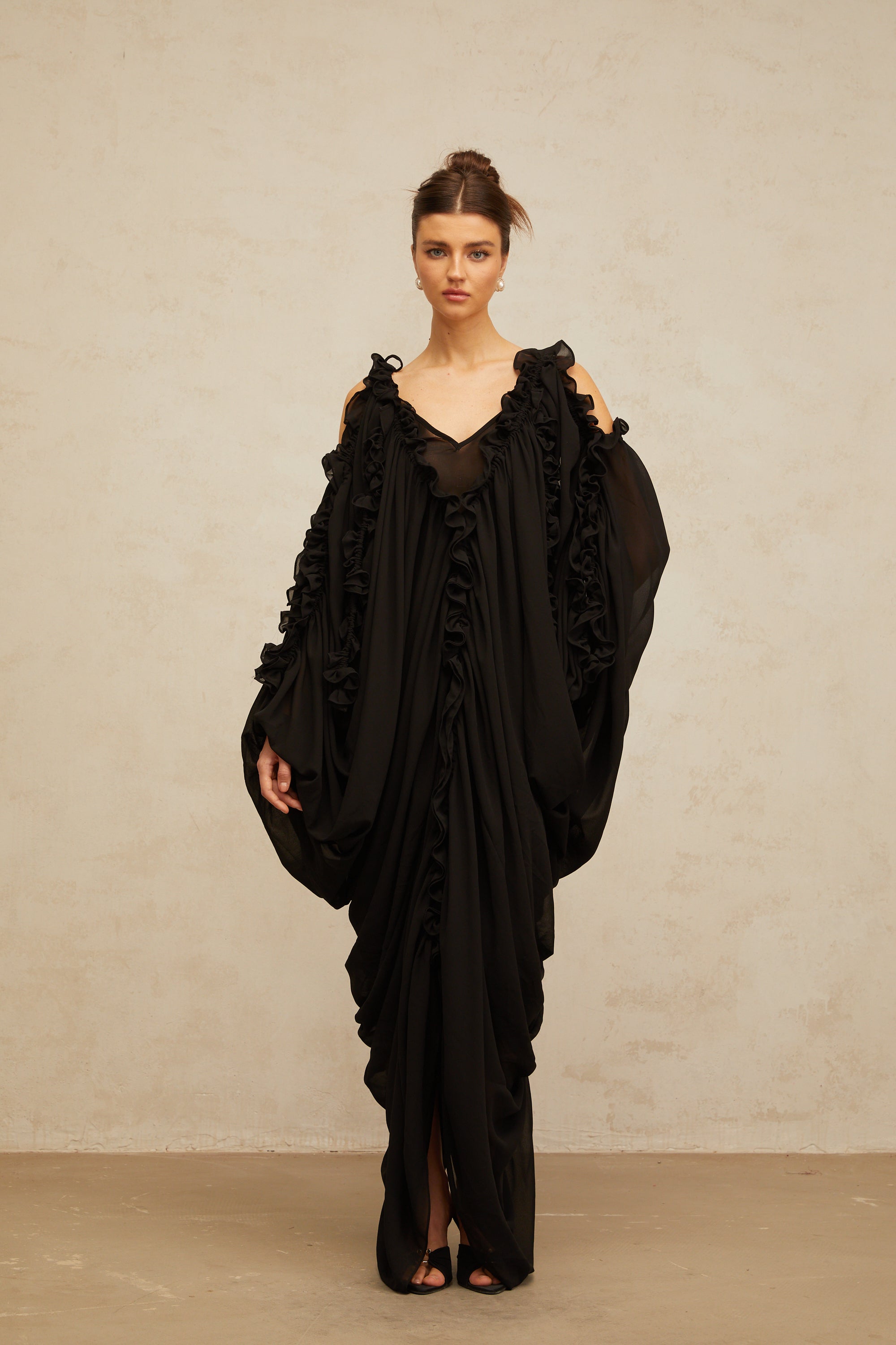 Aglaé black ruffled-trim tulle maxi dress