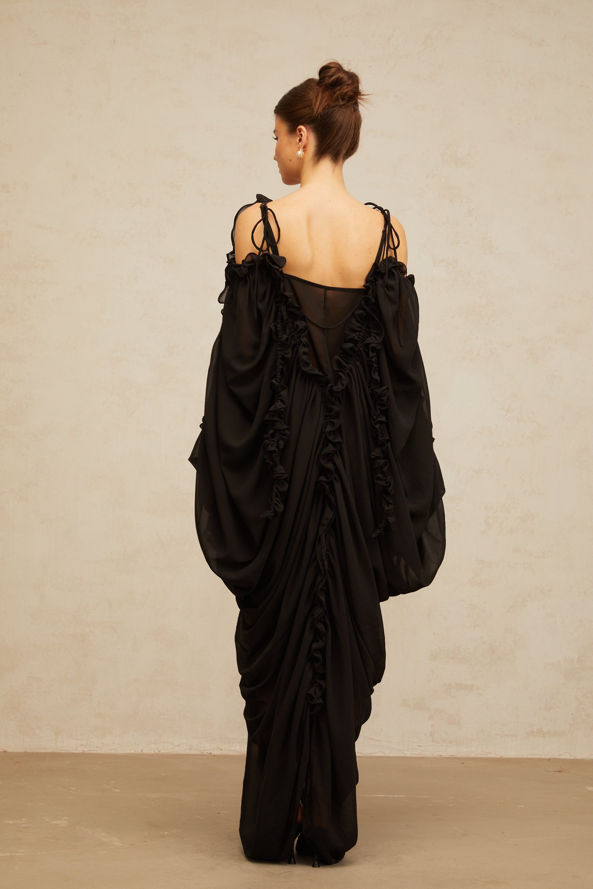 Aglaé black ruffled-trim tulle maxi dress