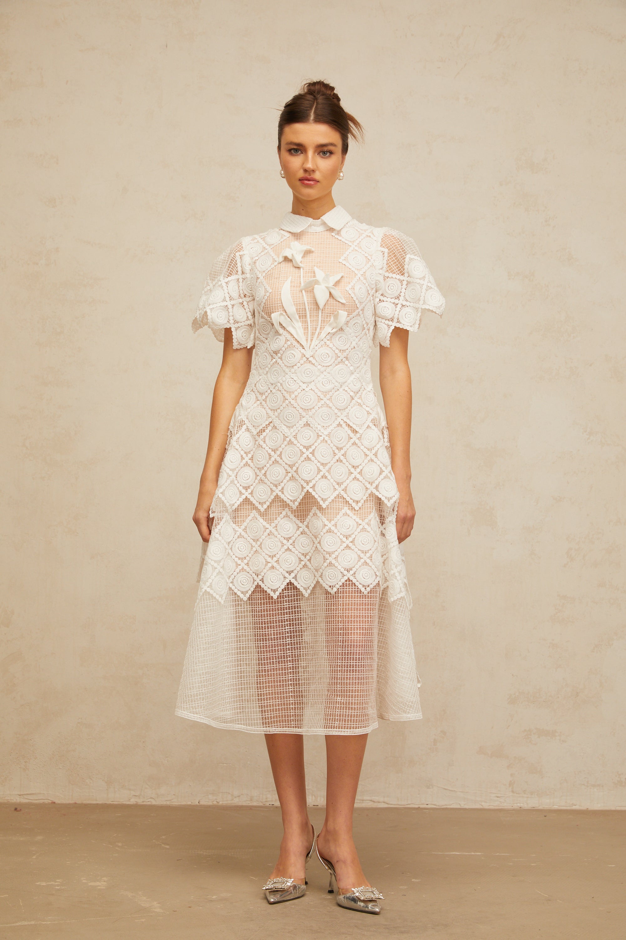 Yasmine white floral-embroidered midi dress