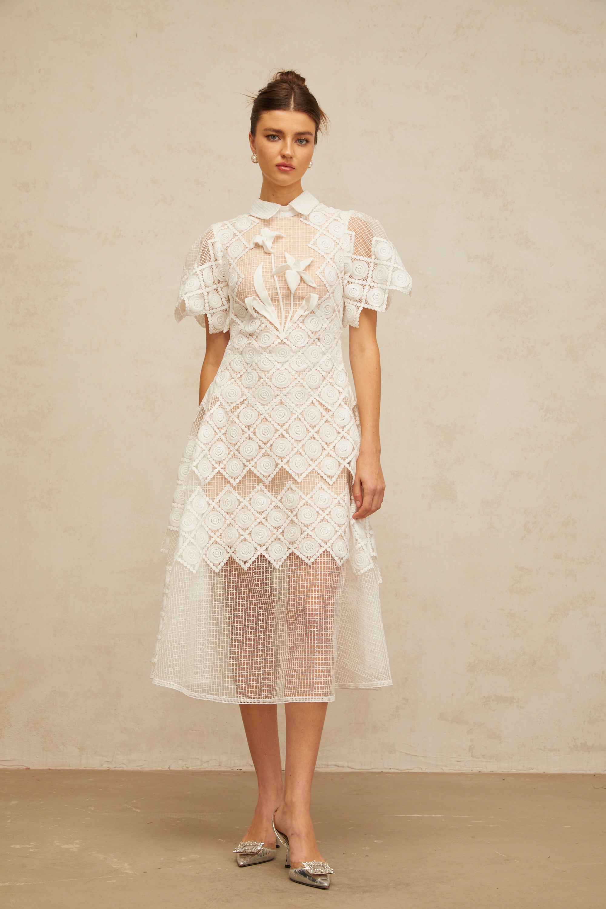 Yasmine white floral-embroidered midi dress