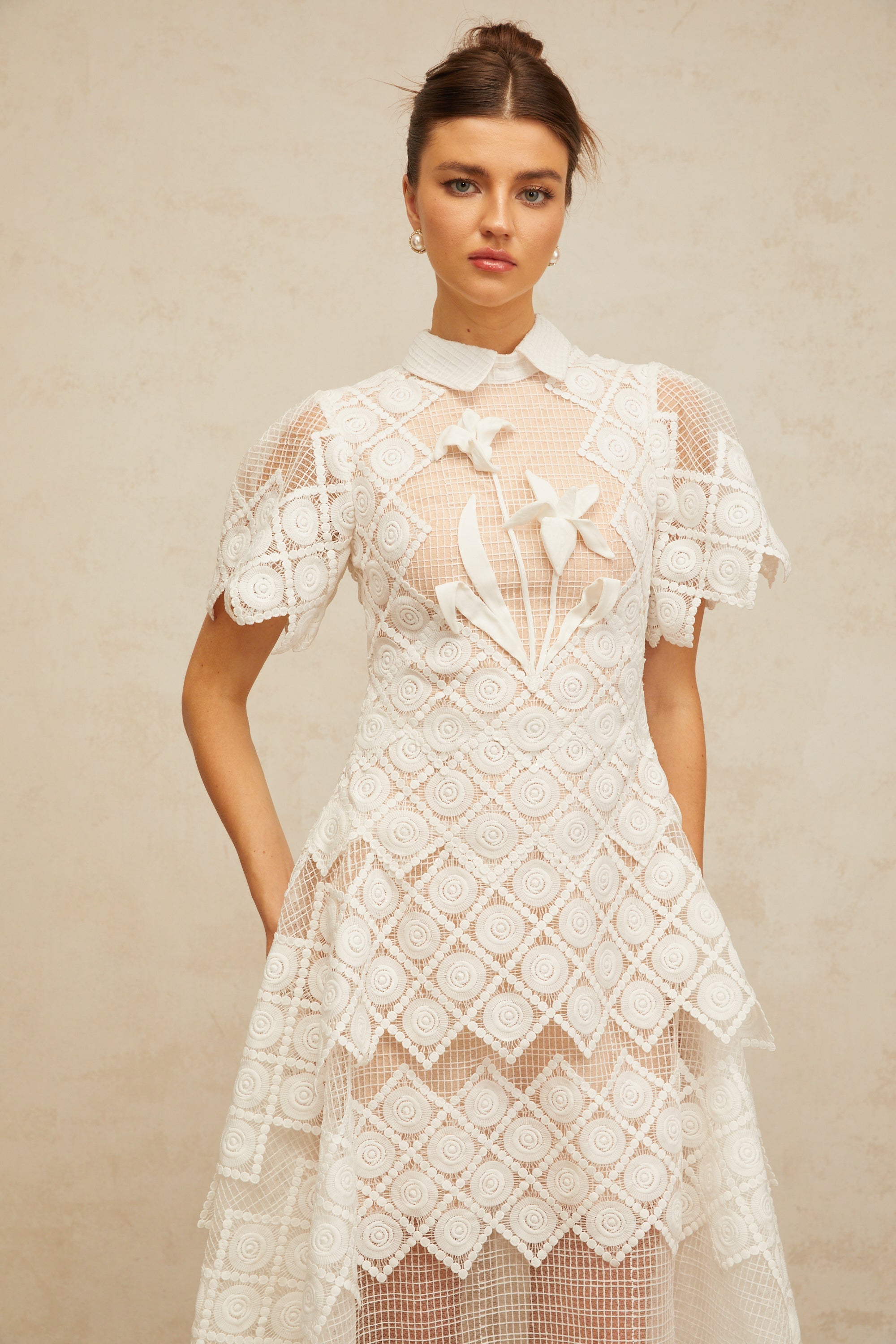 Yasmine white floral-embroidered midi dress