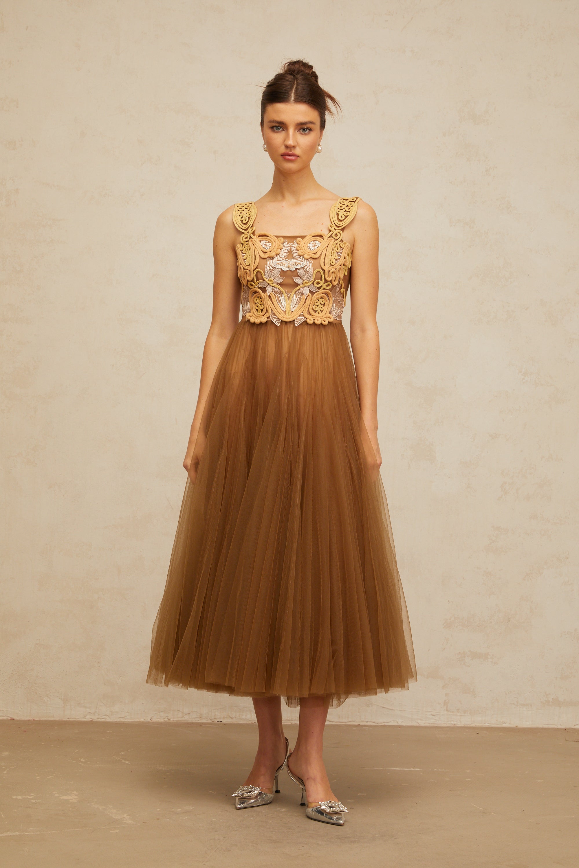 Elodie brown braid-detail tulle midi dress